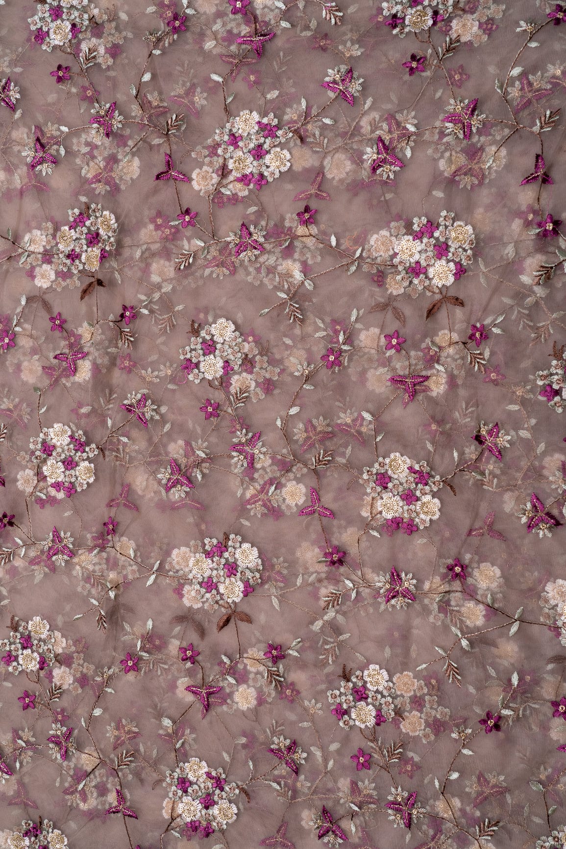 Multi Thread With Gold Sequins Embroidery On Light Brown Soft Net Fabric - doeraa