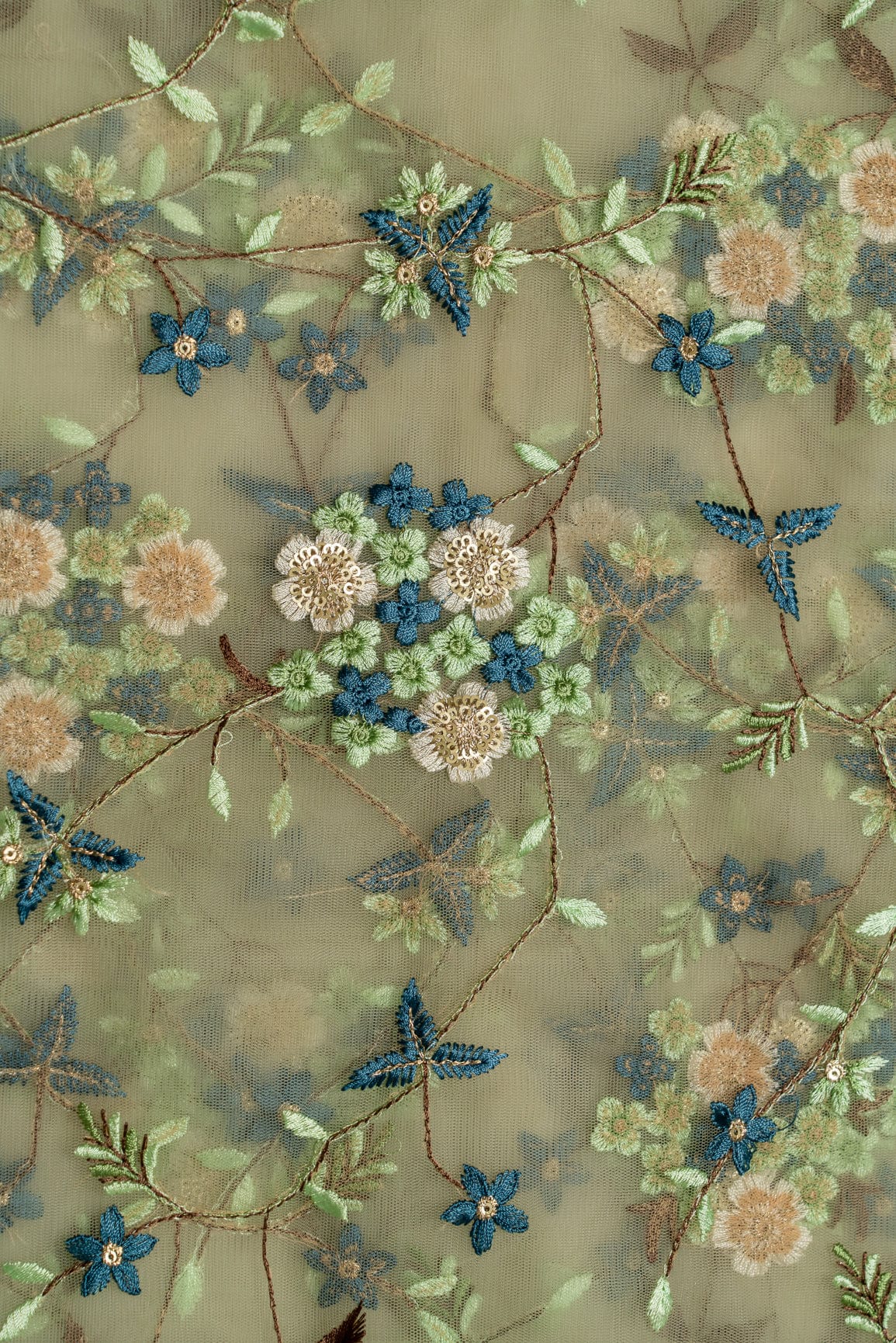 Multi Thread With Gold Sequins Embroidery On Olive Soft Net Fabric - doeraa