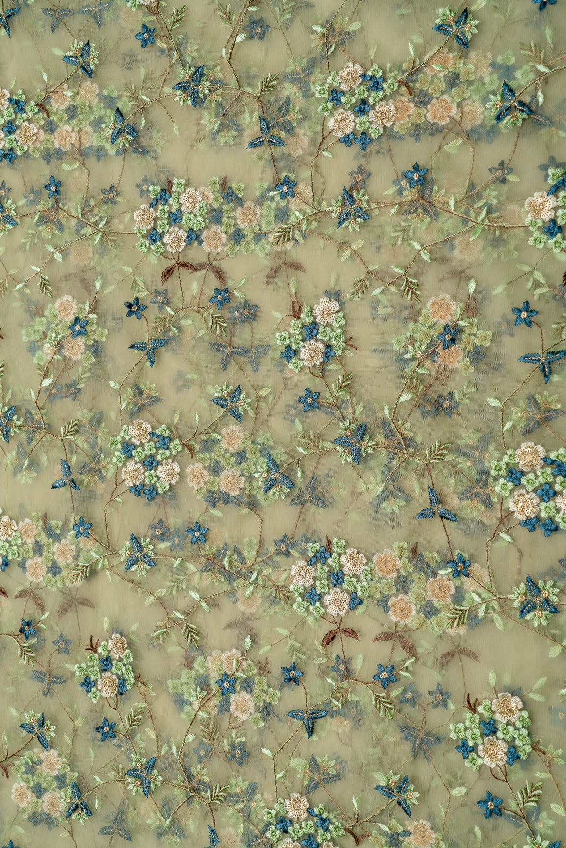 Multi Thread With Gold Sequins Embroidery On Olive Soft Net Fabric - doeraa