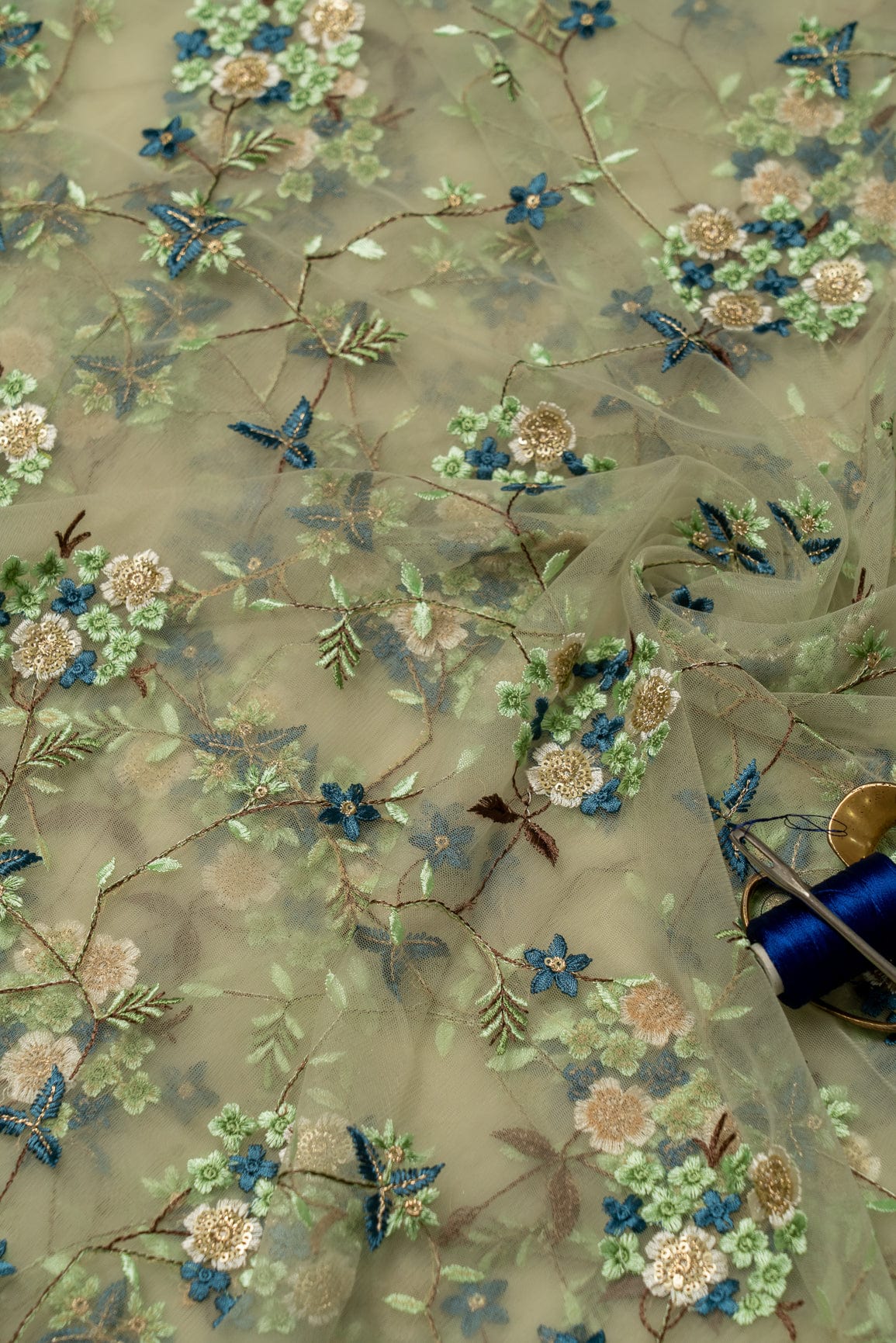 Multi Thread With Gold Sequins Embroidery On Olive Soft Net Fabric - doeraa