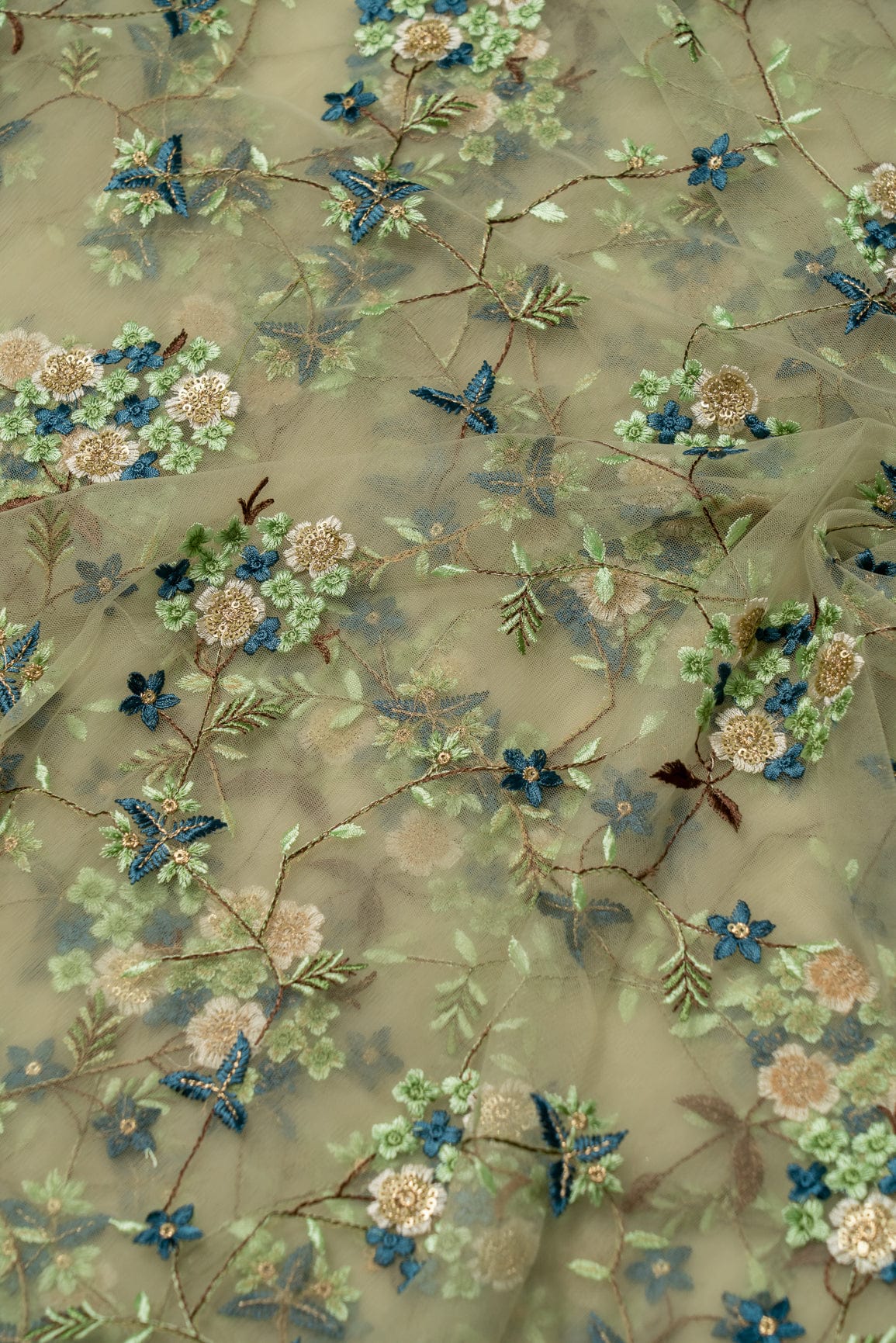 Multi Thread With Gold Sequins Embroidery On Olive Soft Net Fabric - doeraa