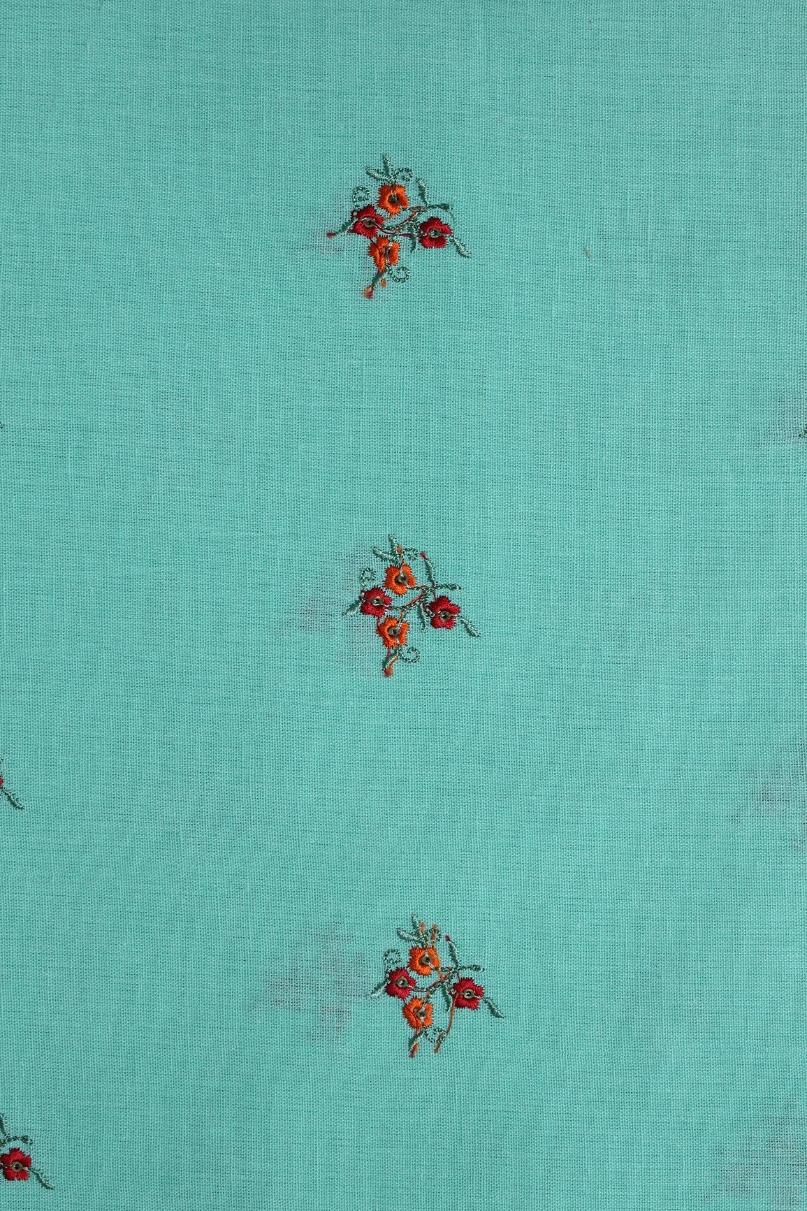 Multi Thread With Gold Sequins Floral Booti Embroidery Work On Sea Green Pure Cotton Fabric - doeraa