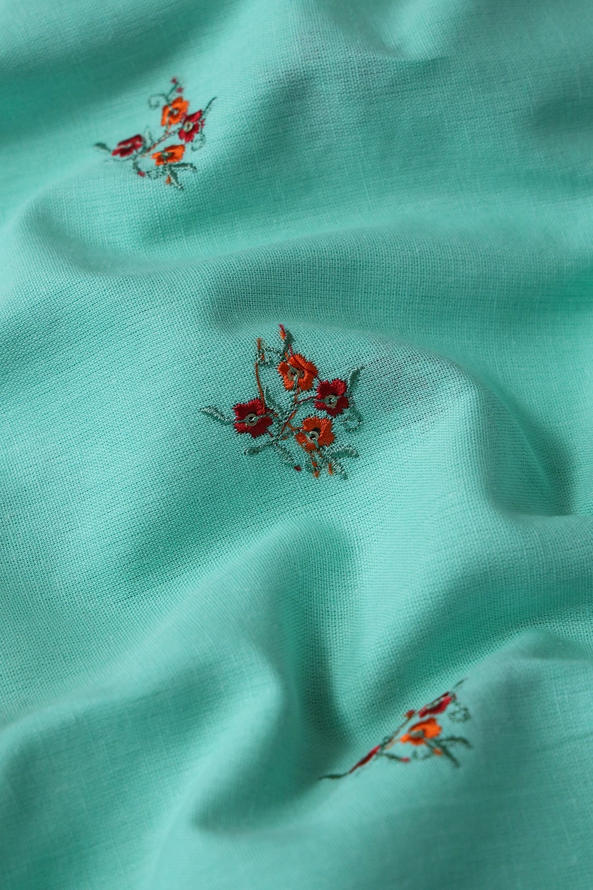 Multi Thread With Gold Sequins Floral Booti Embroidery Work On Sea Green Pure Cotton Fabric - doeraa