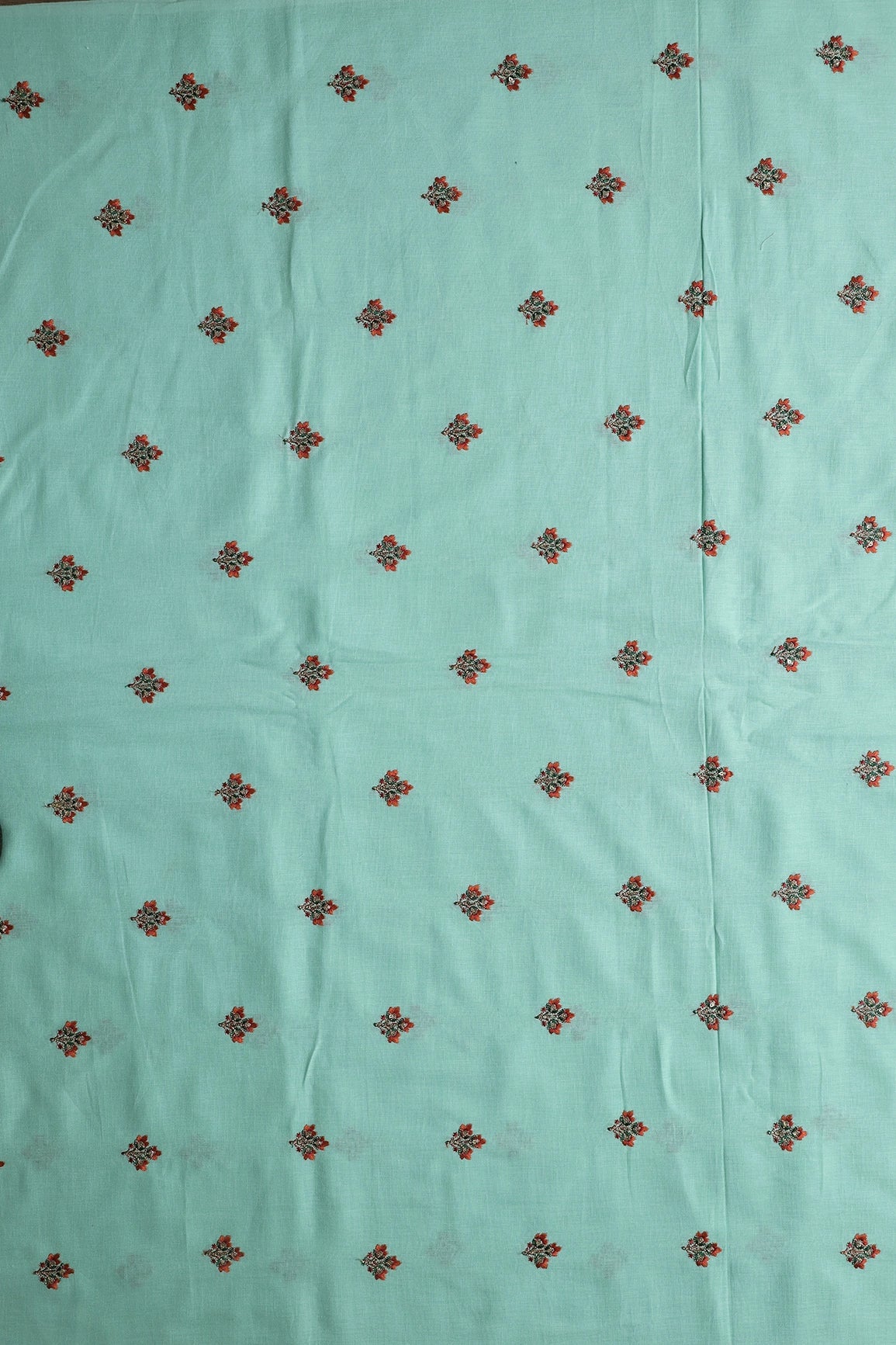 Multi Thread With Gold Sequins Floral Booti Embroidery Work On Sea Green Pure Cotton Fabric - doeraa