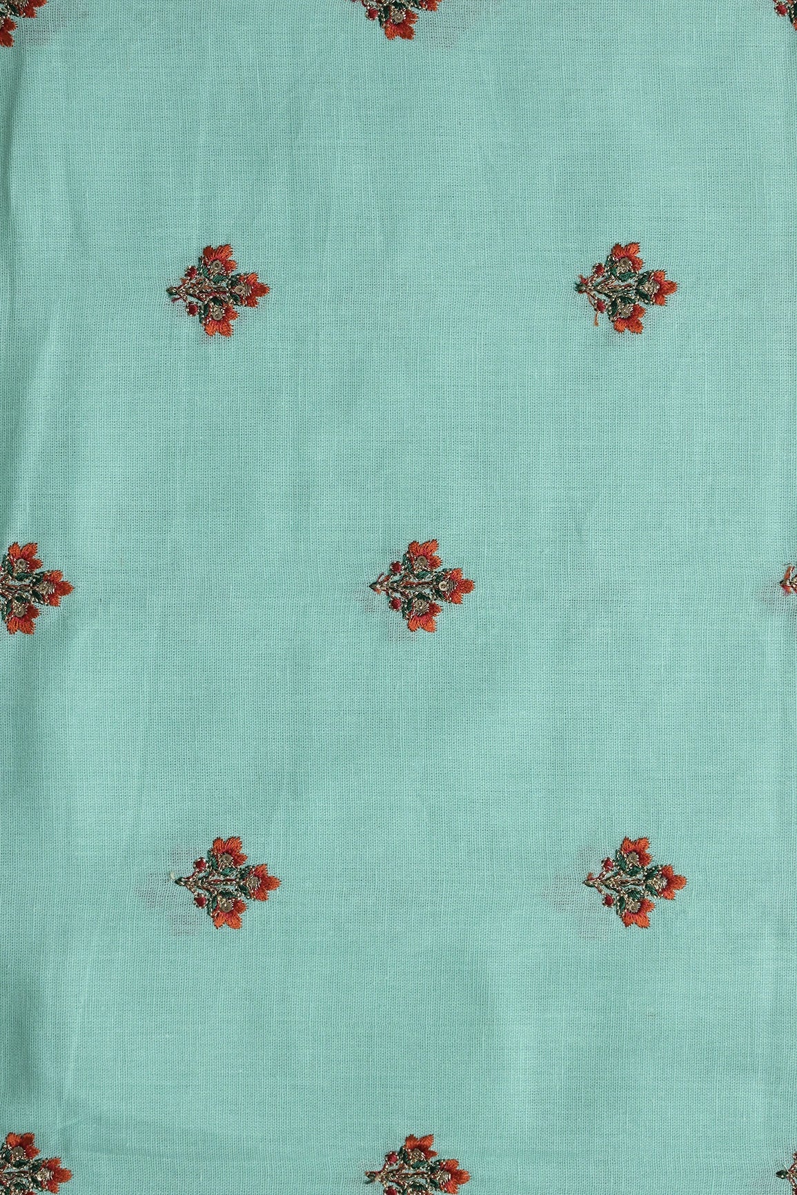 Multi Thread With Gold Sequins Floral Booti Embroidery Work On Sea Green Pure Cotton Fabric - doeraa