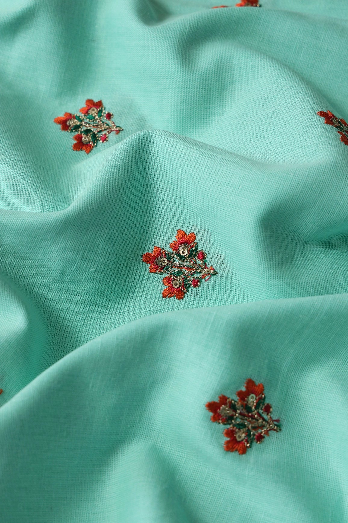 Multi Thread With Gold Sequins Floral Booti Embroidery Work On Sea Green Pure Cotton Fabric - doeraa