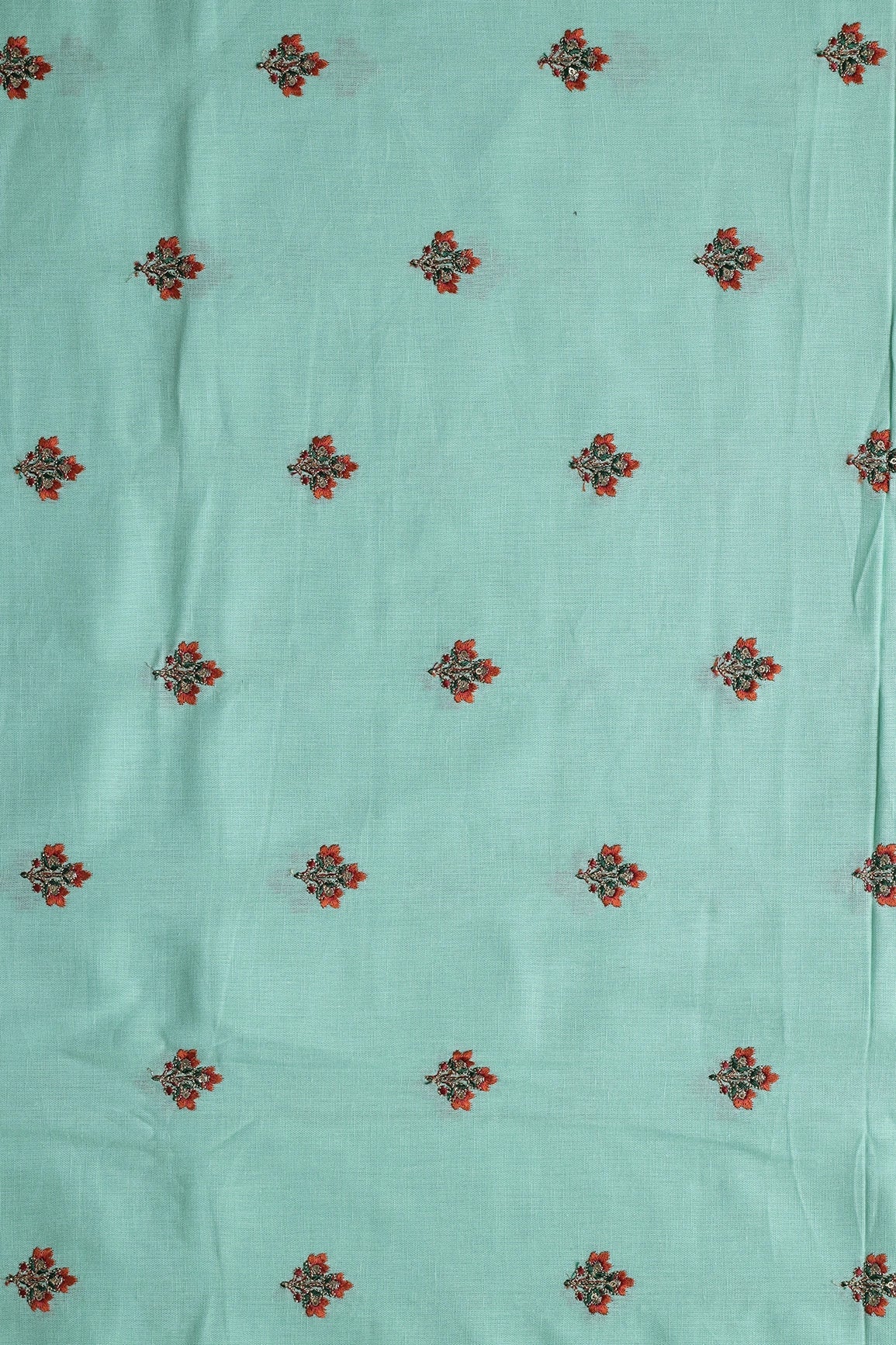 Multi Thread With Gold Sequins Floral Booti Embroidery Work On Sea Green Pure Cotton Fabric - doeraa