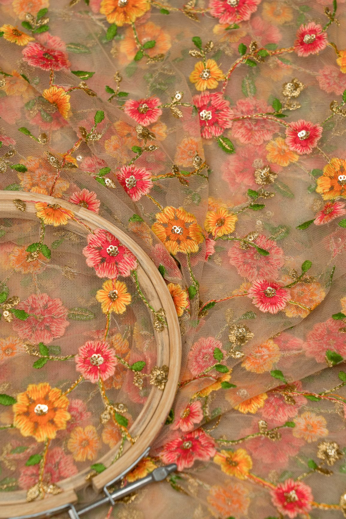 Multi Thread With Gold Sequins Floral Embroidery On Beige Soft Net Fabric - doeraa
