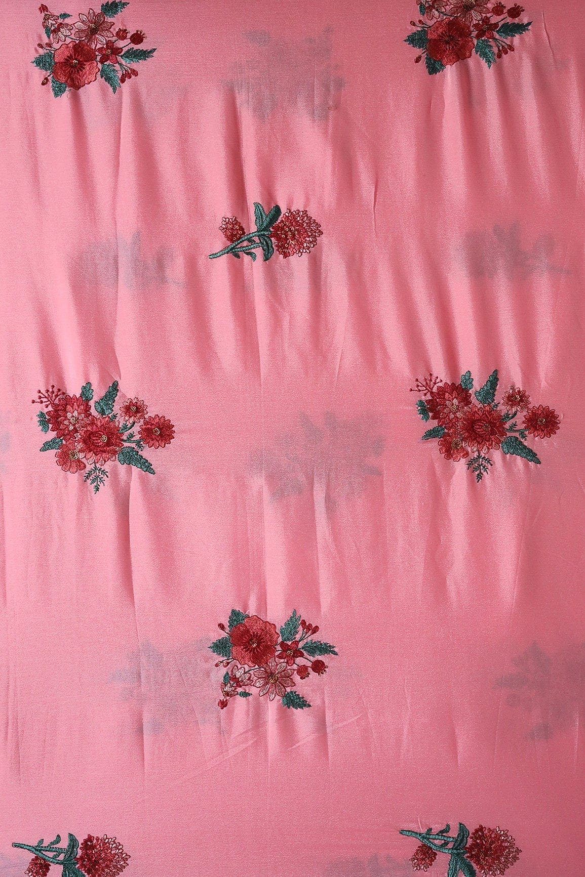 Multi Thread With Gold Sequins Floral Embroidery Work On Pink Chinnon Chiffon Fabric - doeraa