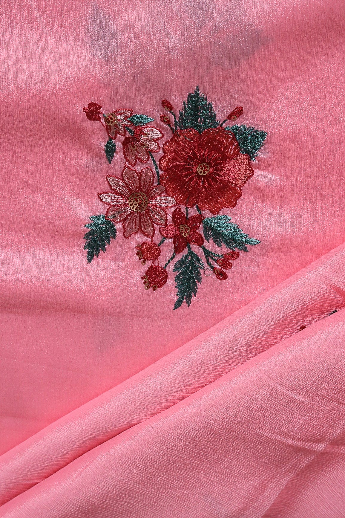 Multi Thread With Gold Sequins Floral Embroidery Work On Pink Chinnon Chiffon Fabric - doeraa