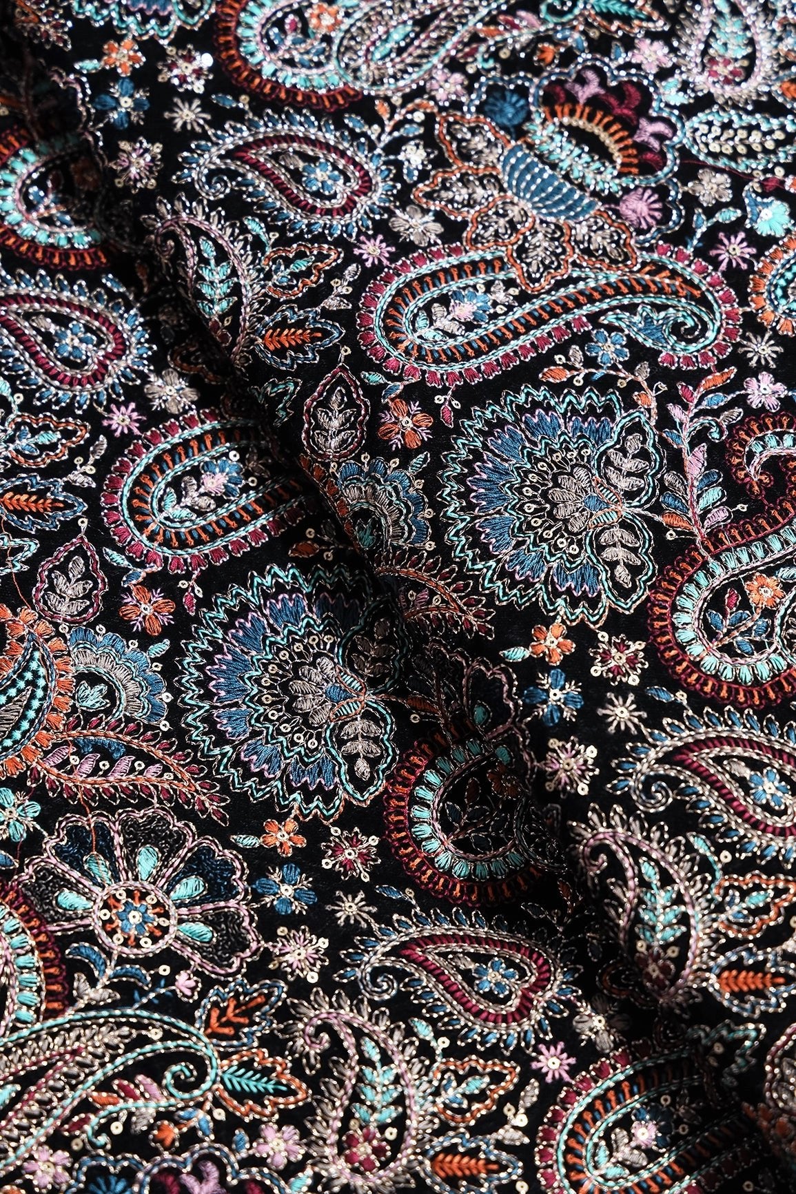 Multi Thread With Gold Sequins Paisley Heavy Embroidery Work On Black Velvet Fabric - doeraa