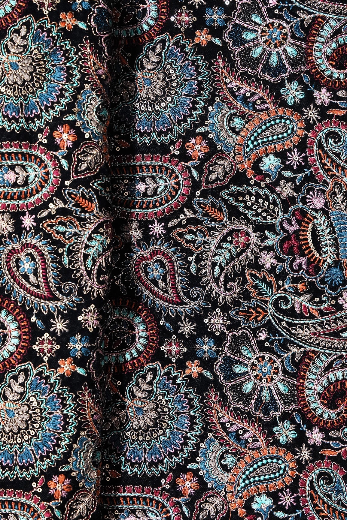 Multi Thread With Gold Sequins Paisley Heavy Embroidery Work On Black Velvet Fabric - doeraa