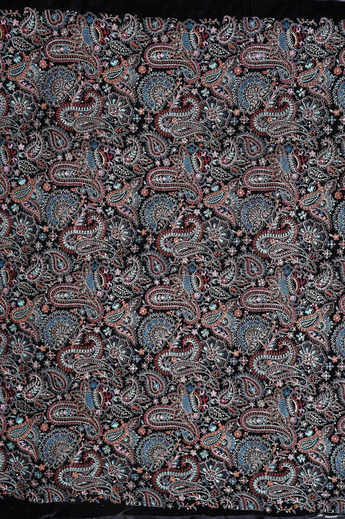 Multi Thread With Gold Sequins Paisley Heavy Embroidery Work On Black Velvet Fabric - doeraa