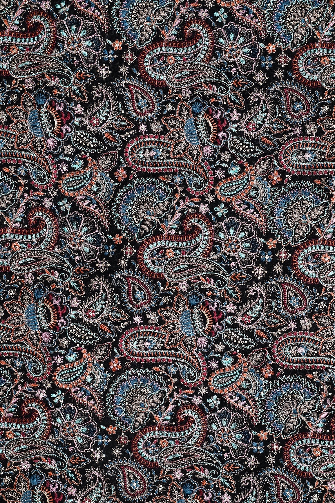 Multi Thread With Gold Sequins Paisley Heavy Embroidery Work On Black Velvet Fabric - doeraa
