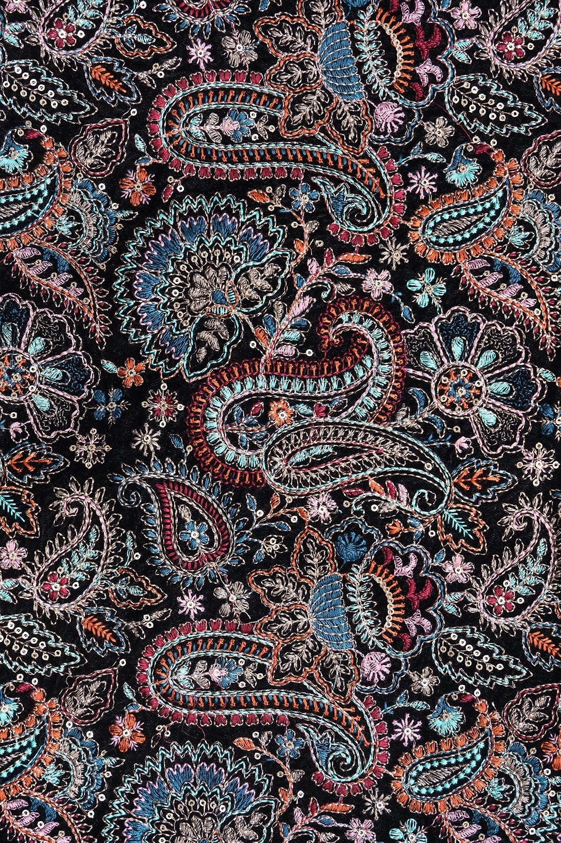 Multi Thread With Gold Sequins Paisley Heavy Embroidery Work On Black Velvet Fabric - doeraa