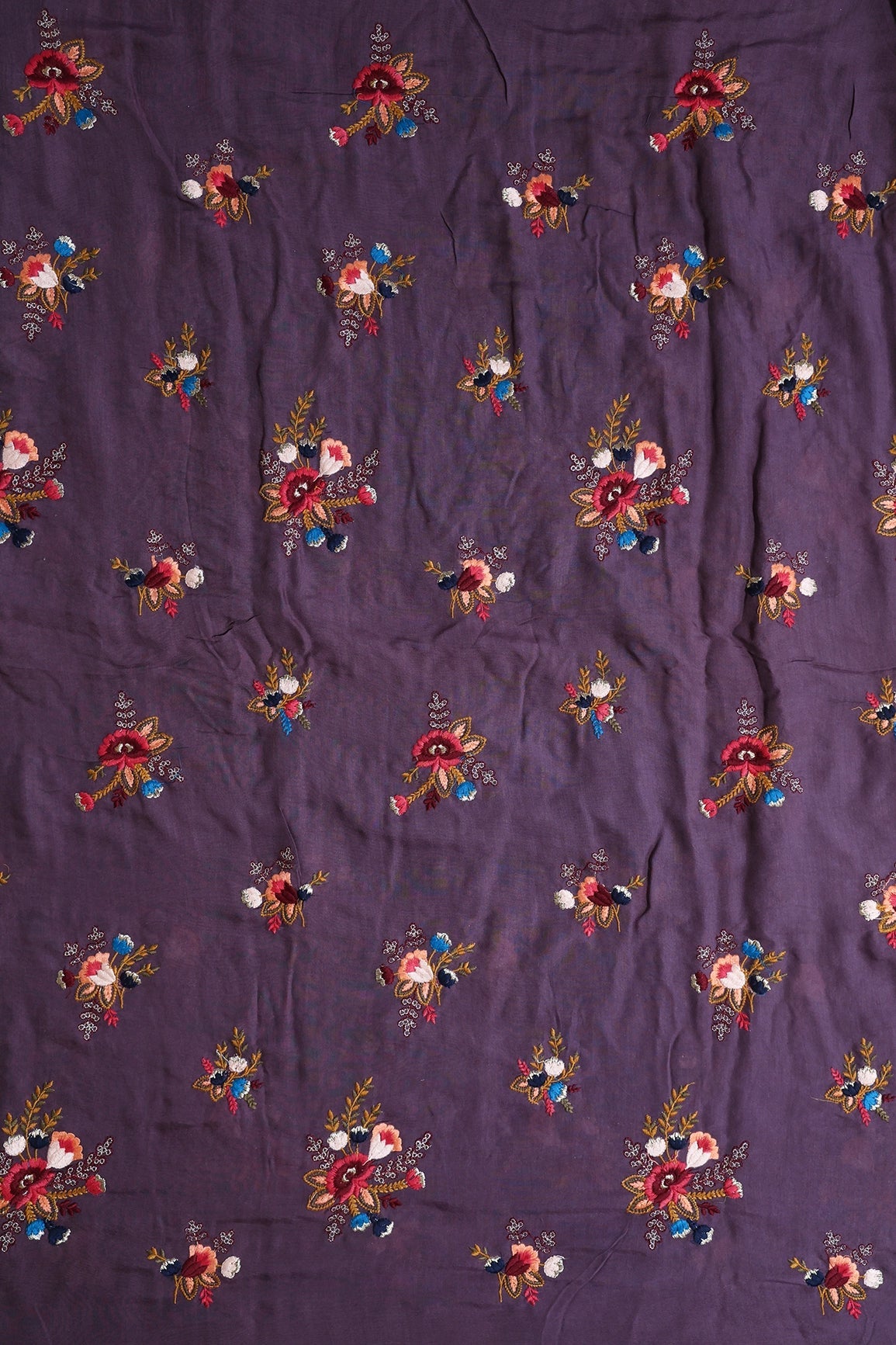 Multi Thread With Gold Zari Floral Embroidery On Purple Muslin Silk Fabric - doeraa