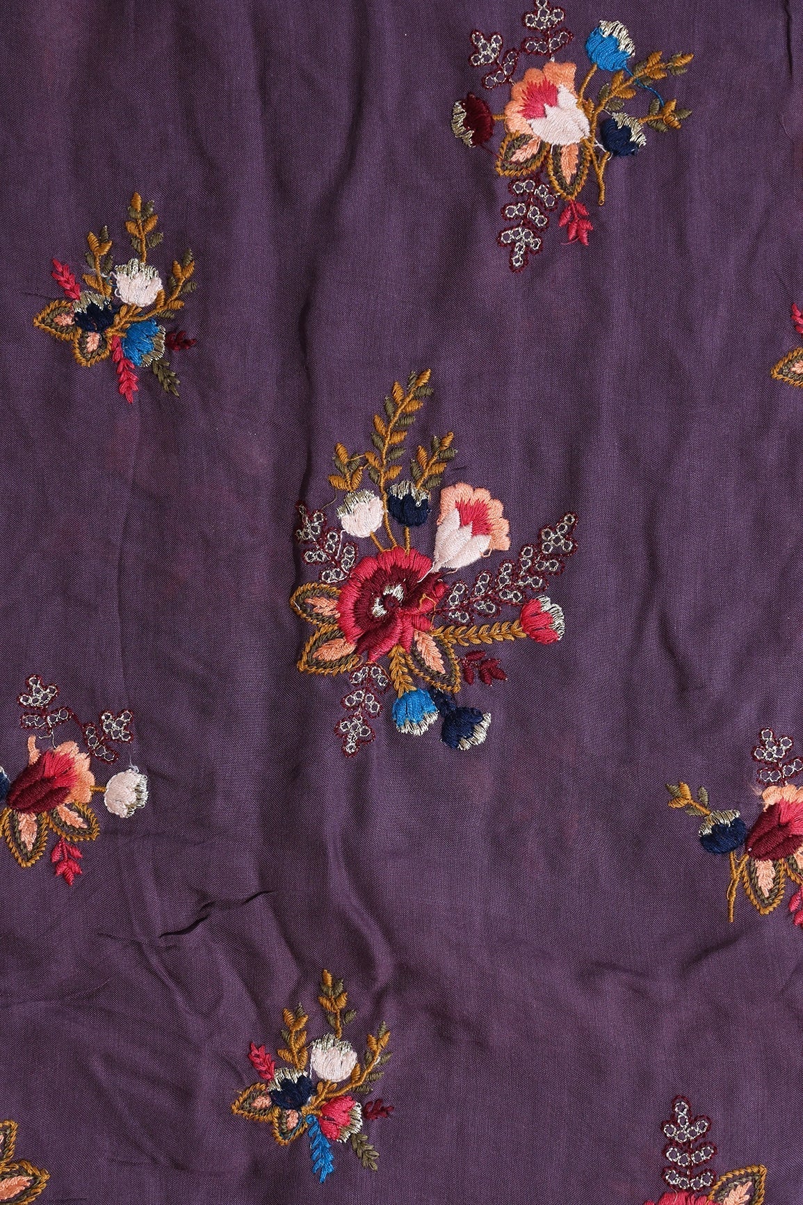 Multi Thread With Gold Zari Floral Embroidery On Purple Muslin Silk Fabric - doeraa