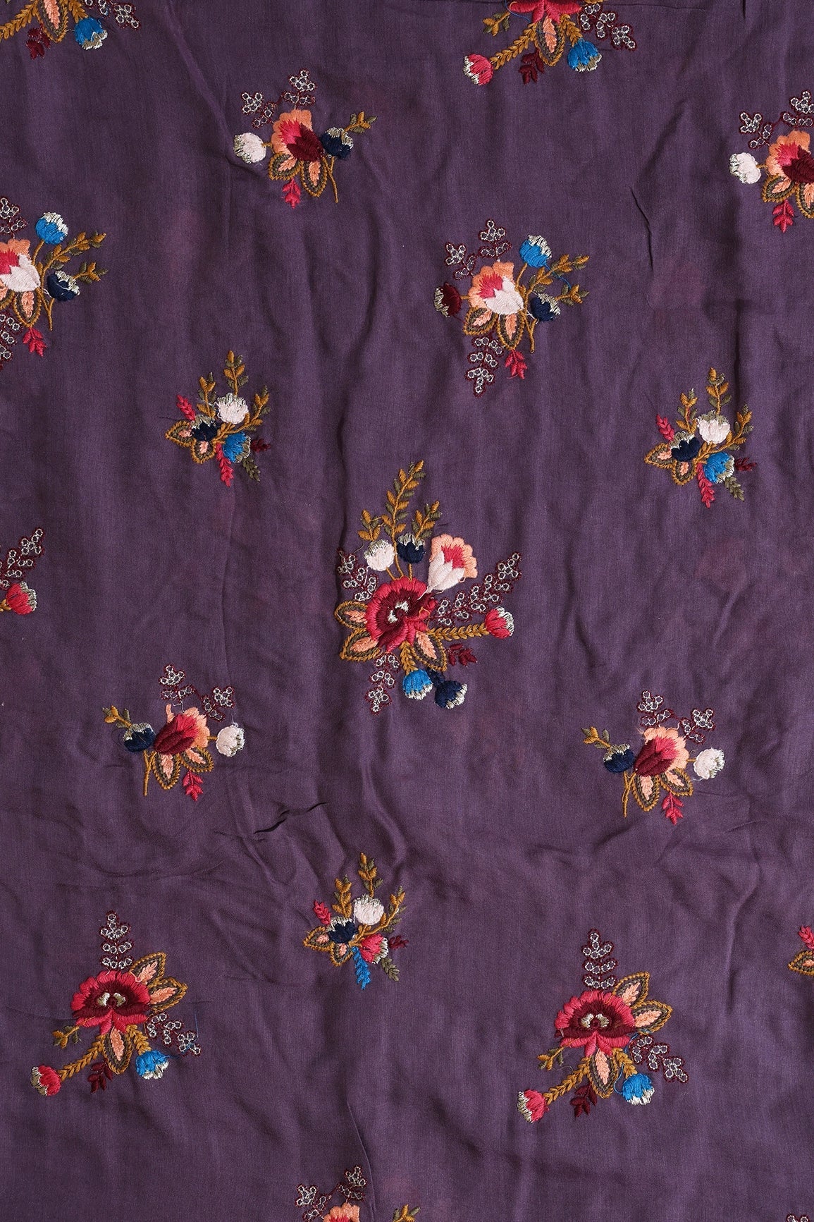 Multi Thread With Gold Zari Floral Embroidery On Purple Muslin Silk Fabric - doeraa