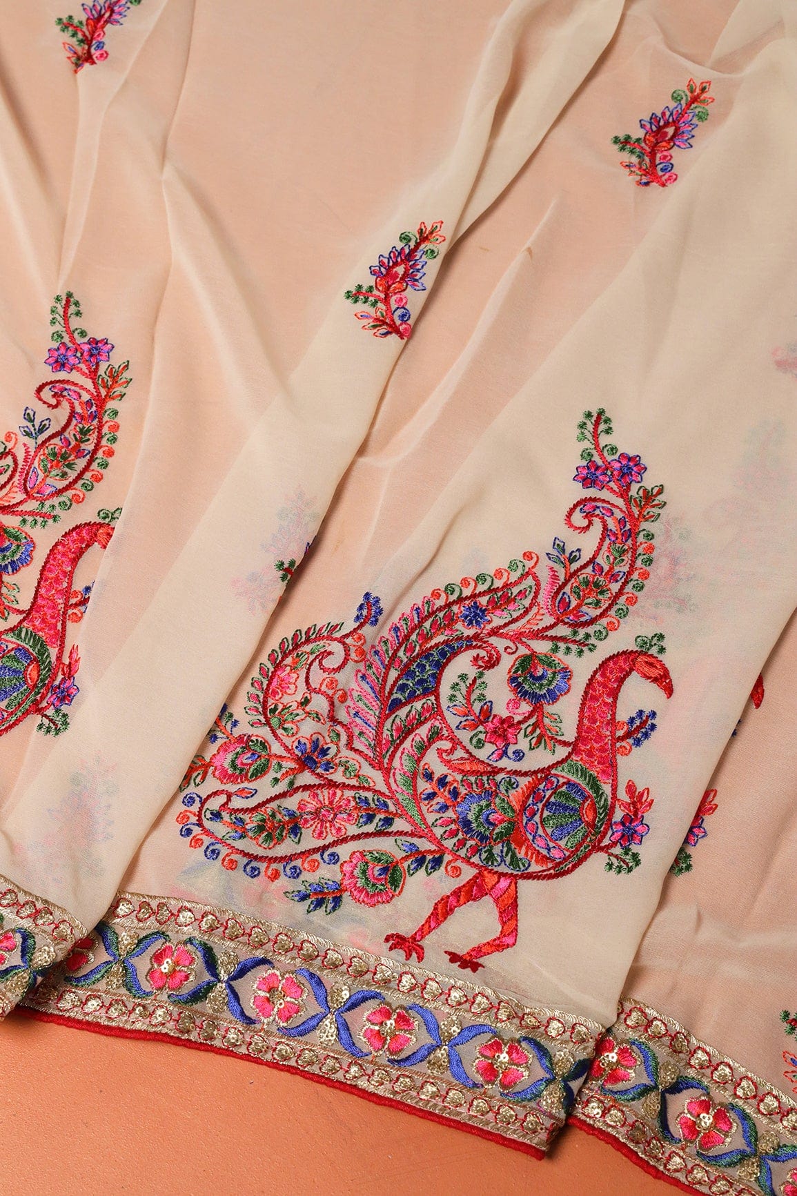 Multi Thread With Gold Zari Floral Embroidery Work On Beige Georgette Dupatta With Border - doeraa