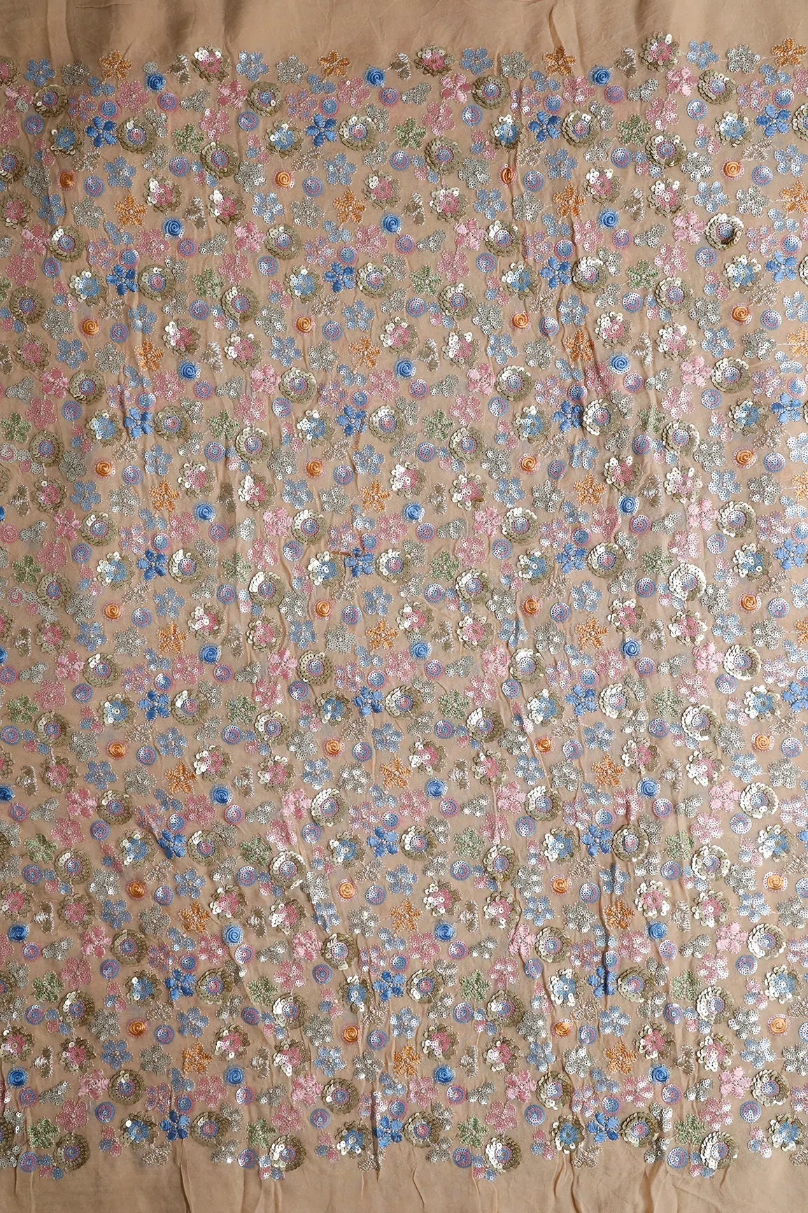 Multi Thread With Multi Sequins Floral Embroidery On Beige Viscose Georgette Fabric - doeraa