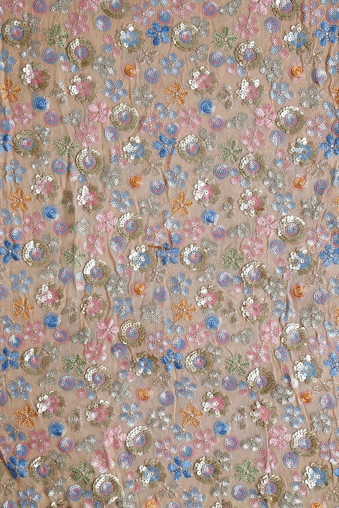 Multi Thread With Multi Sequins Floral Embroidery On Beige Viscose Georgette Fabric - doeraa