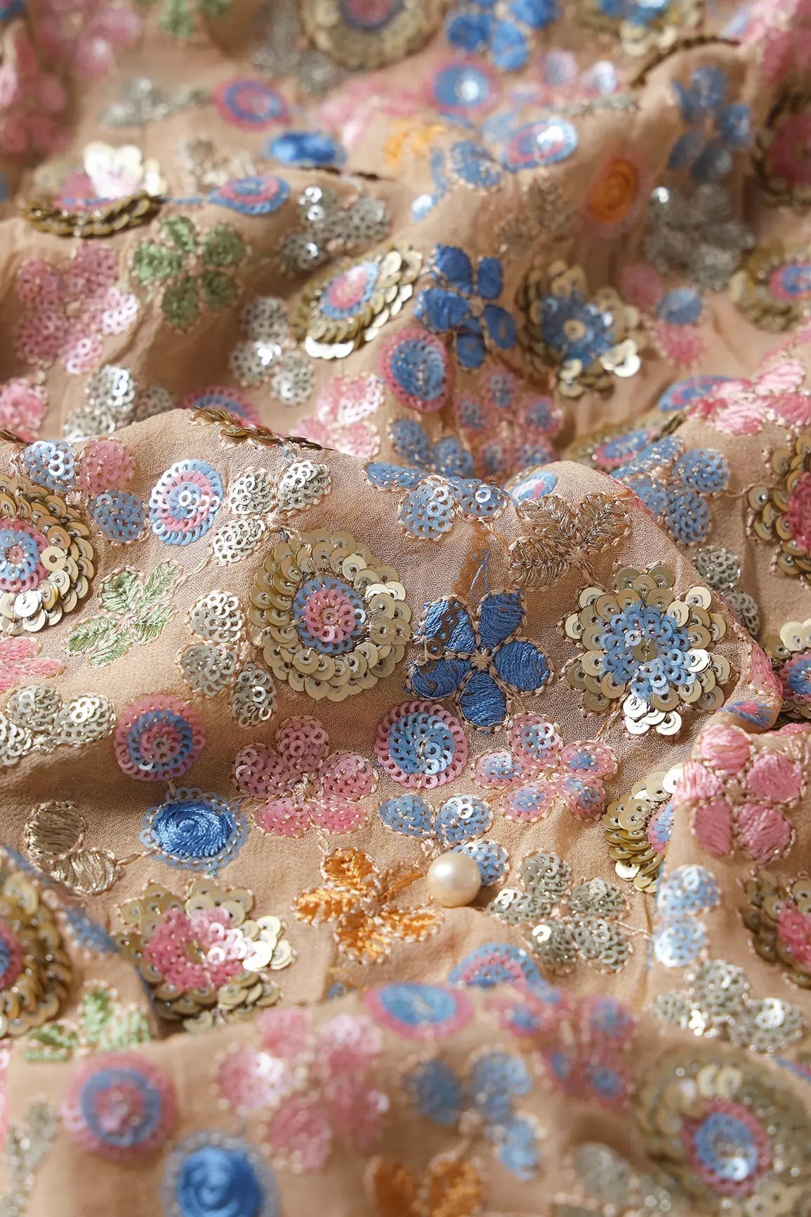Multi Thread With Multi Sequins Floral Embroidery On Beige Viscose Georgette Fabric - doeraa