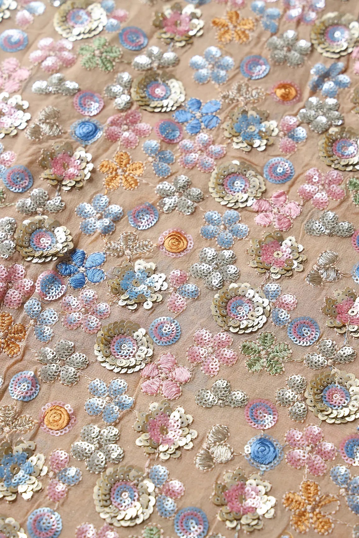 Multi Thread With Multi Sequins Floral Embroidery On Beige Viscose Georgette Fabric - doeraa