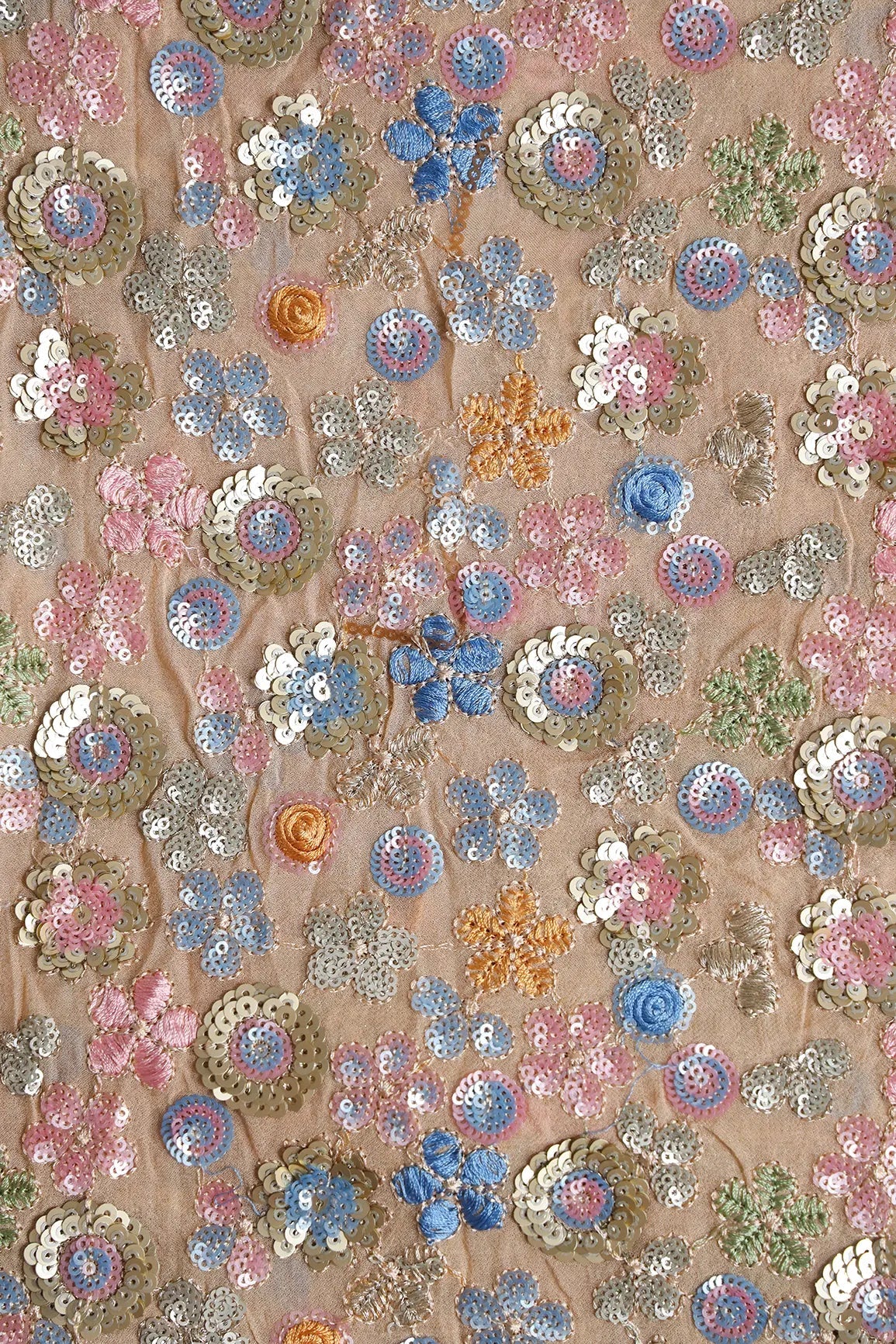 Multi Thread With Multi Sequins Floral Embroidery On Beige Viscose Georgette Fabric - doeraa