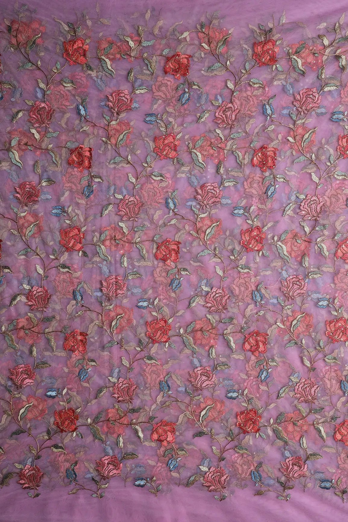 Multi Thread With Sequins Floral Embroidery Work On Lilac Soft Net Fabric - doeraa