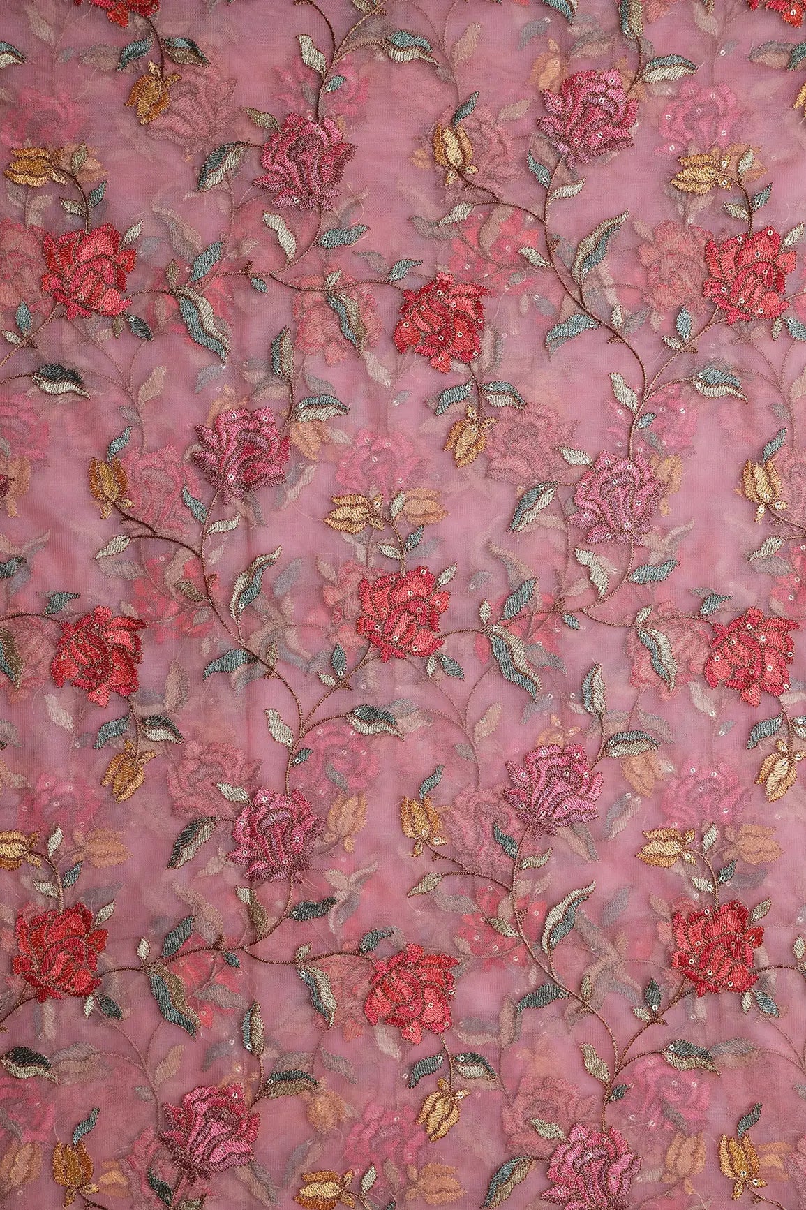 Multi Thread With Sequins Floral Embroidery Work On Pink Soft Net Fabric - doeraa