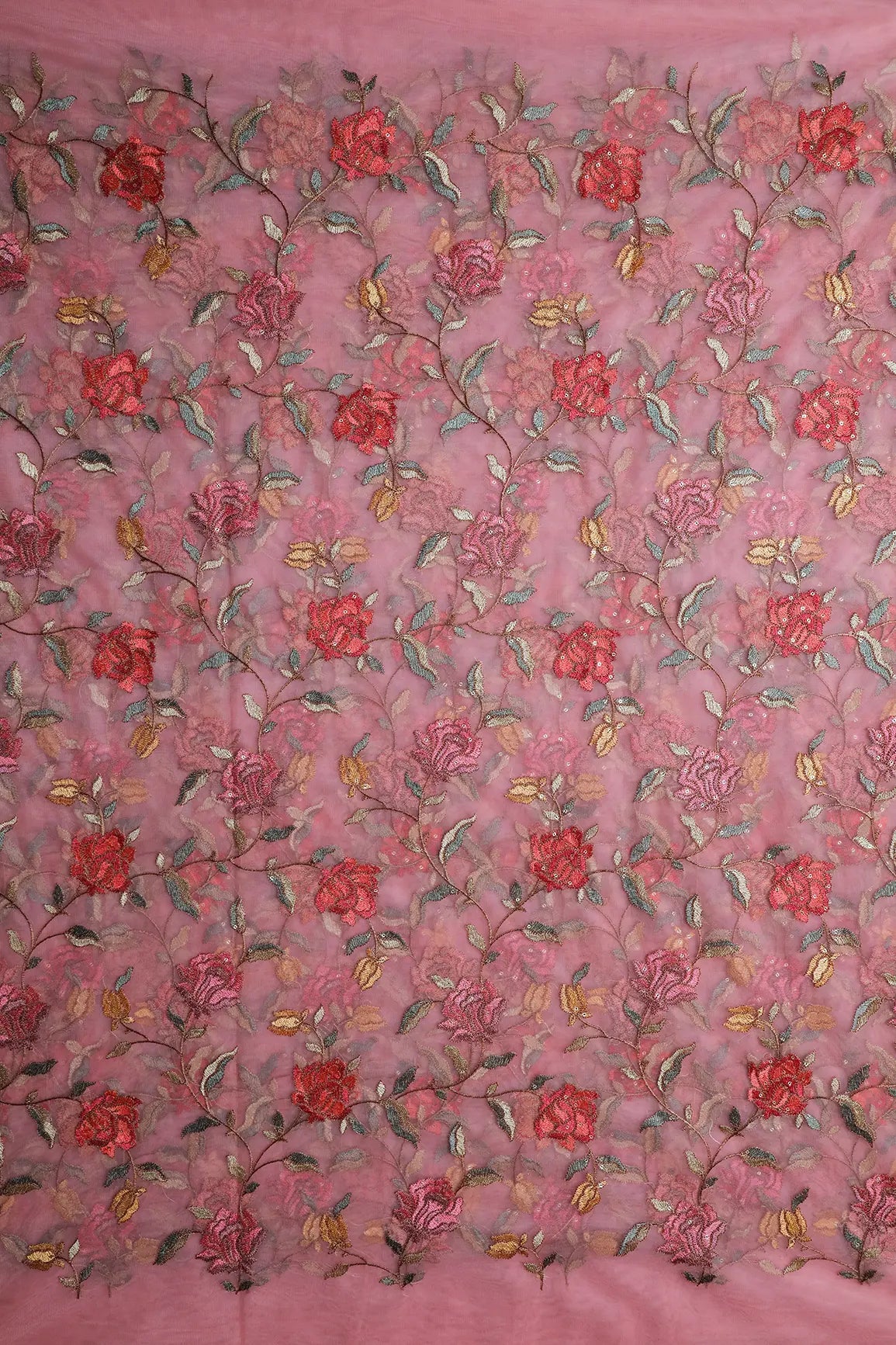 Multi Thread With Sequins Floral Embroidery Work On Pink Soft Net Fabric - doeraa
