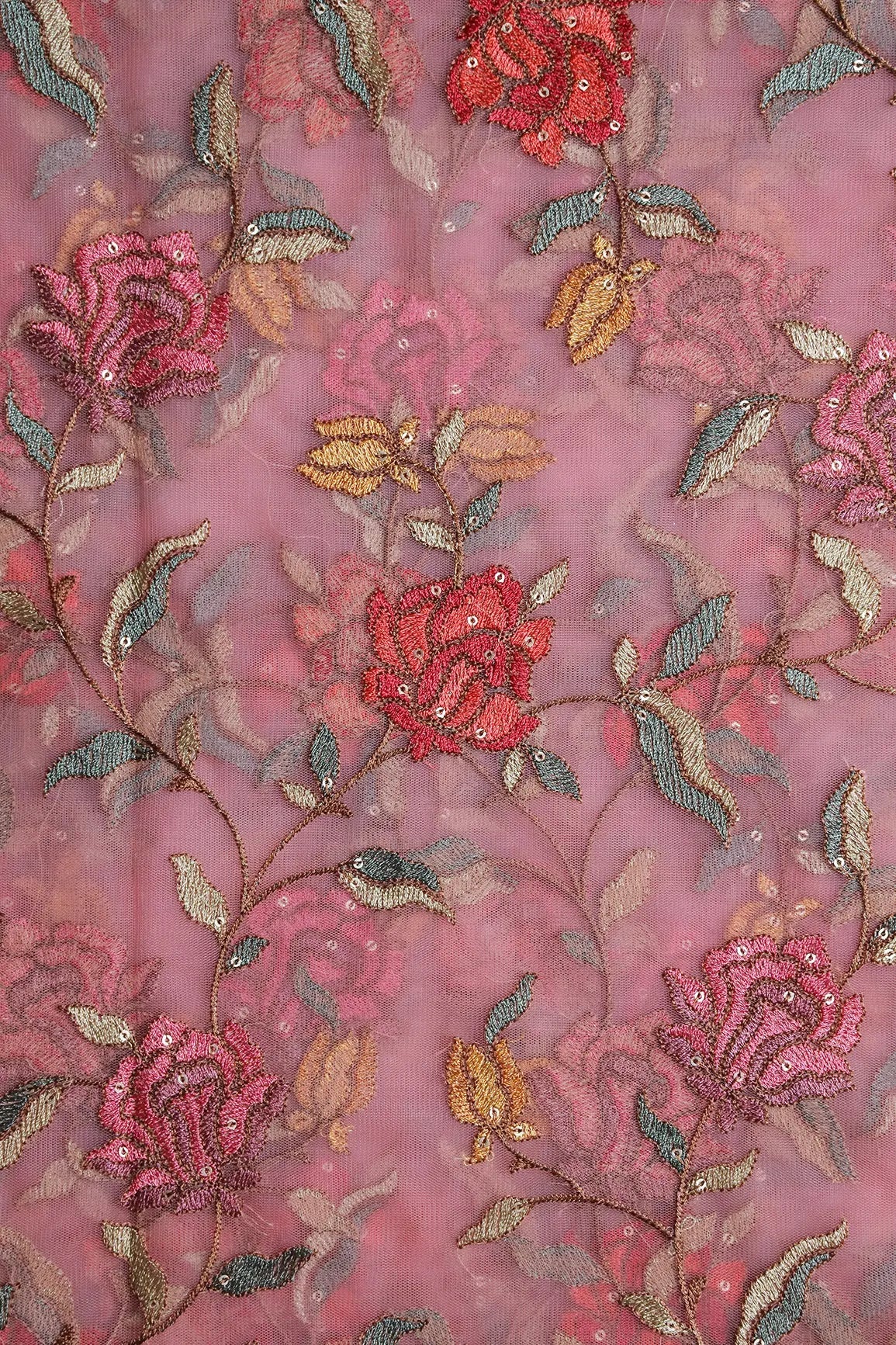 Multi Thread With Sequins Floral Embroidery Work On Pink Soft Net Fabric - doeraa