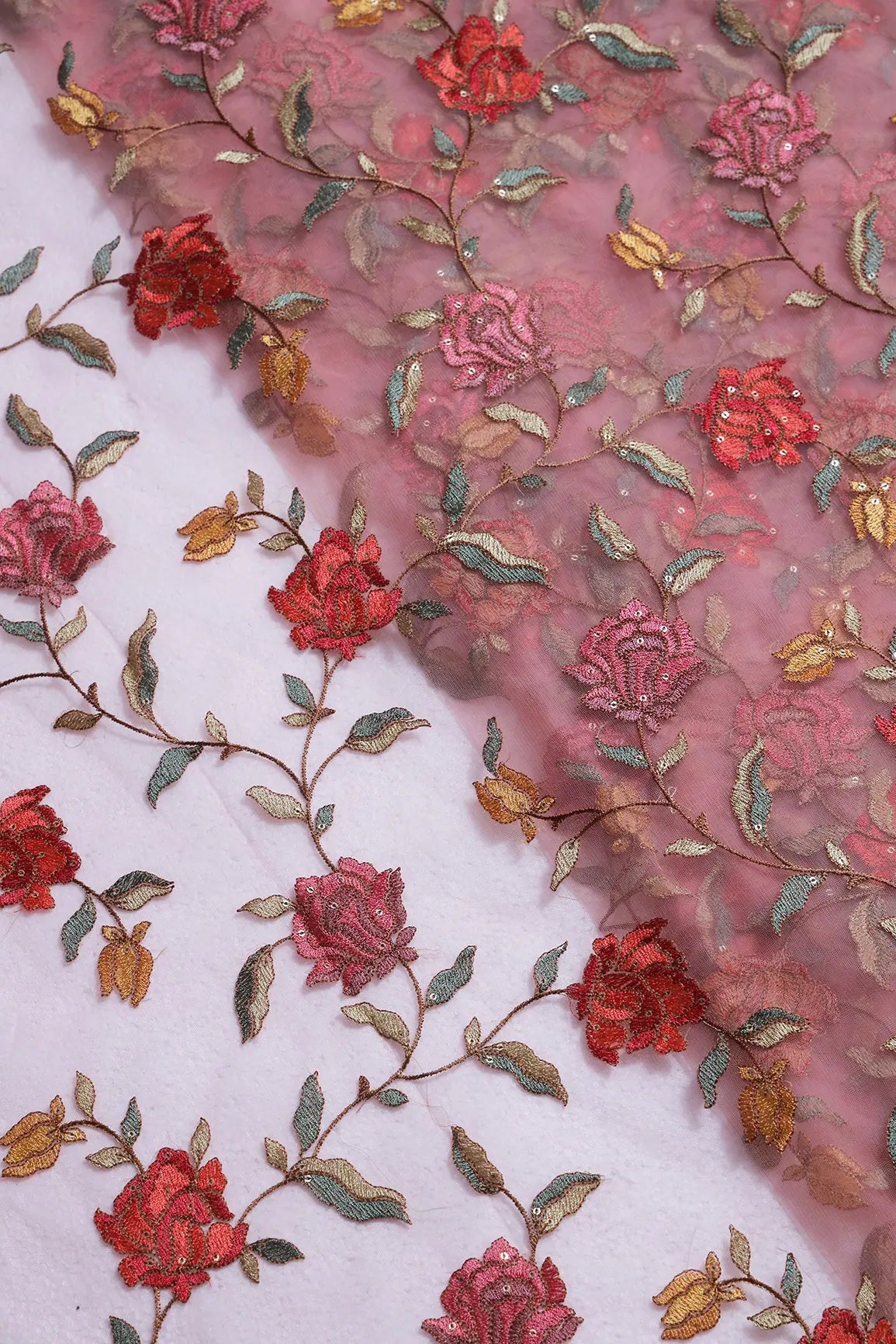 Multi Thread With Sequins Floral Embroidery Work On Pink Soft Net Fabric - doeraa