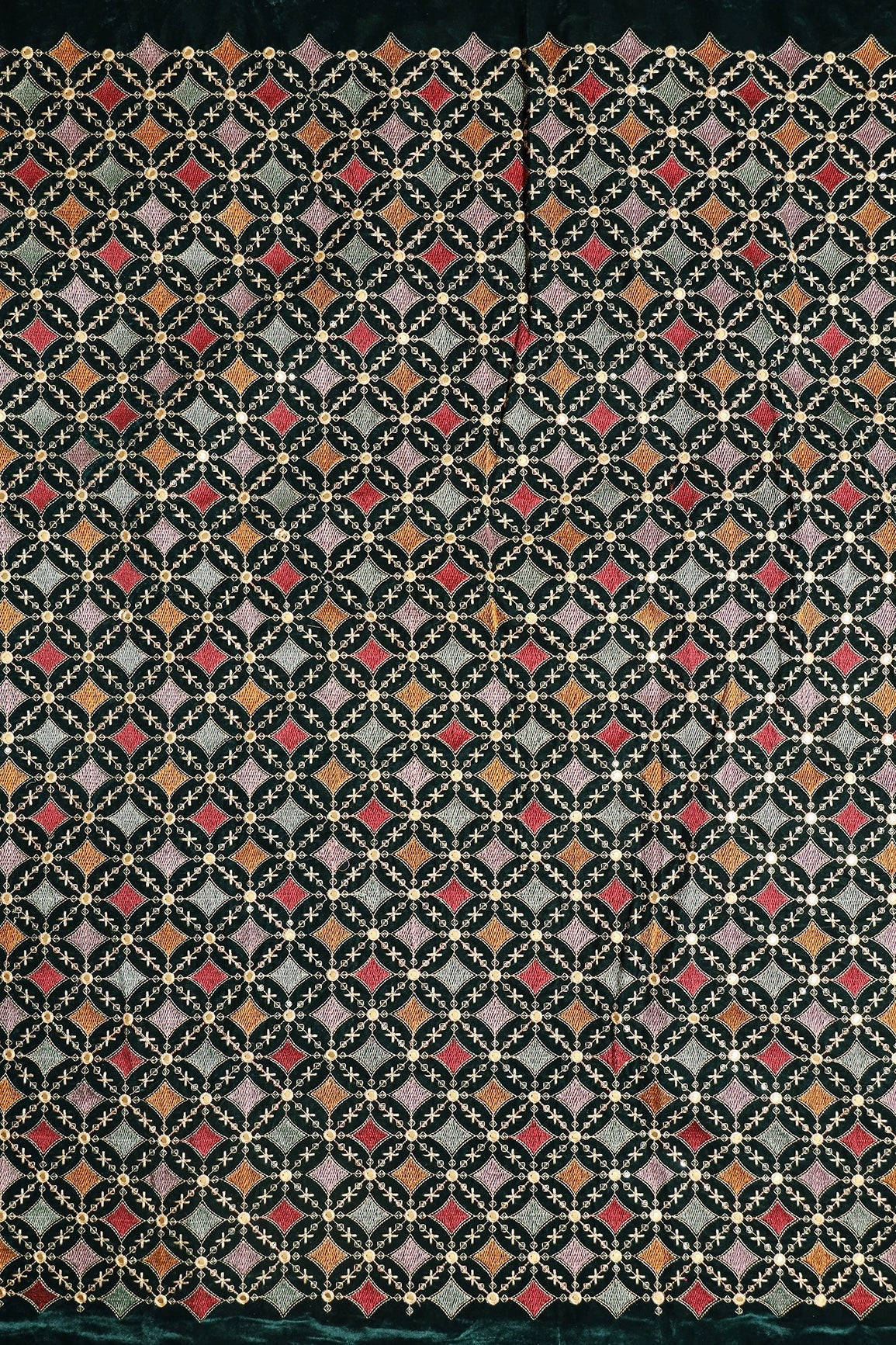 Multi Thread With Sequins Geometric Embroidery Work On Bottle Green Velvet Fabric - doeraa