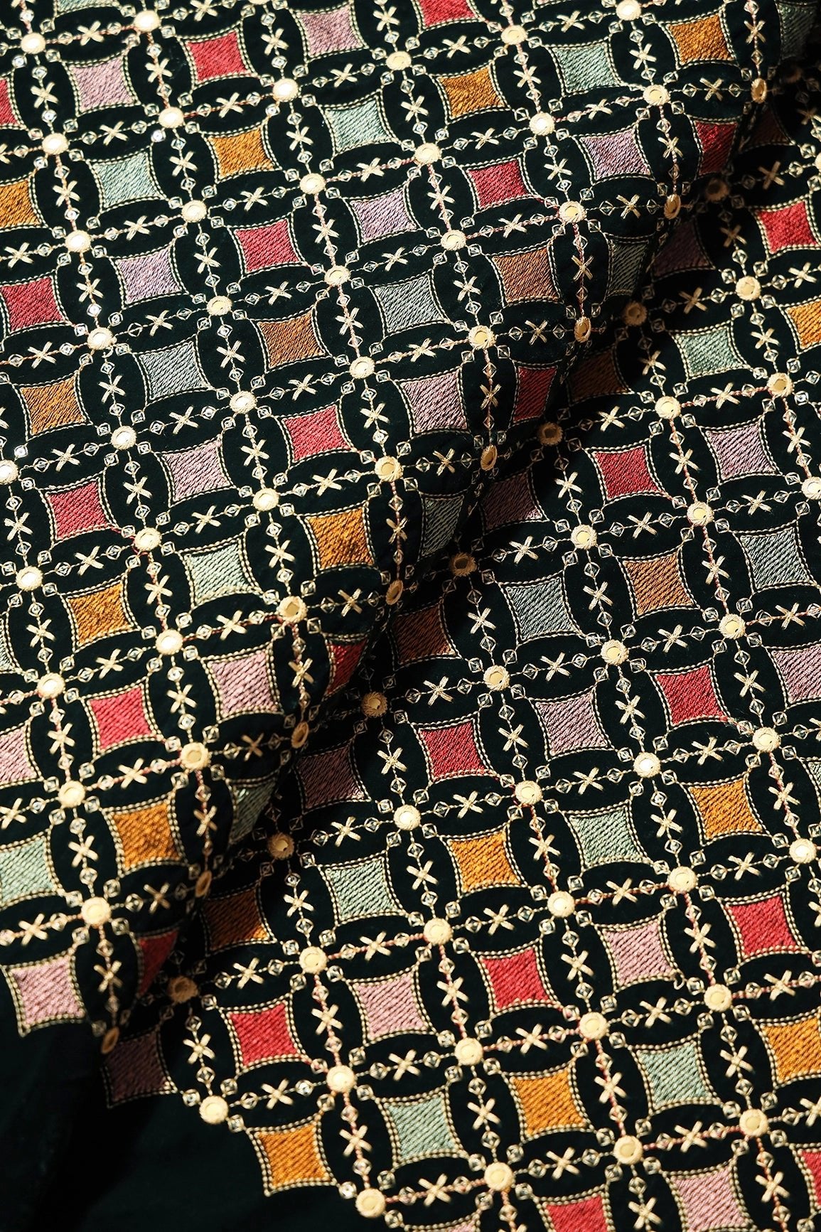 Multi Thread With Sequins Geometric Embroidery Work On Bottle Green Velvet Fabric - doeraa