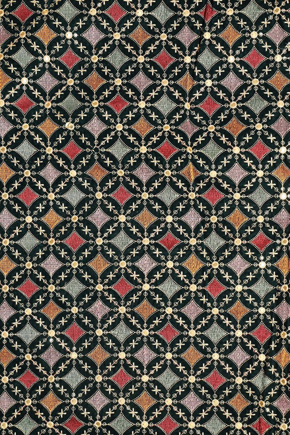 Multi Thread With Sequins Geometric Embroidery Work On Bottle Green Velvet Fabric - doeraa