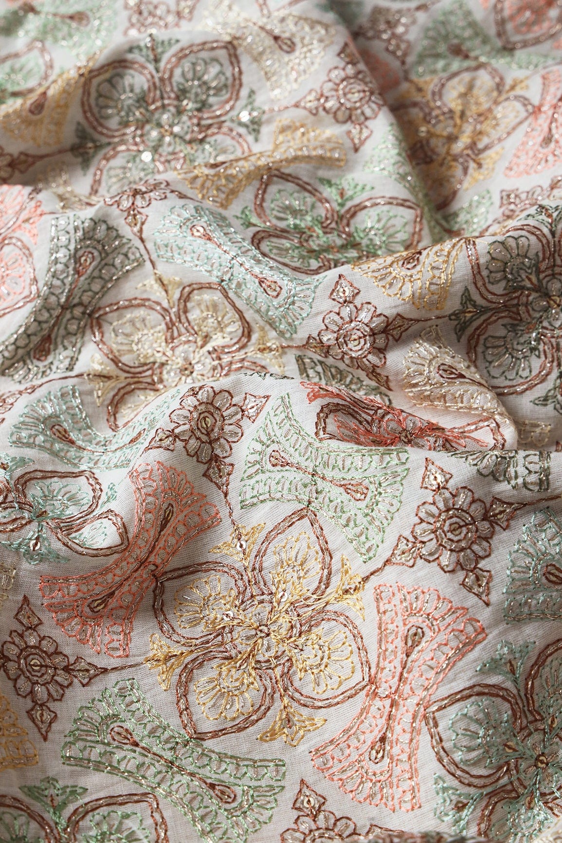Multi Thread With Zari And Gold Sequins Floral Embroidery On Off White Organic Cotton Fabric - doeraa