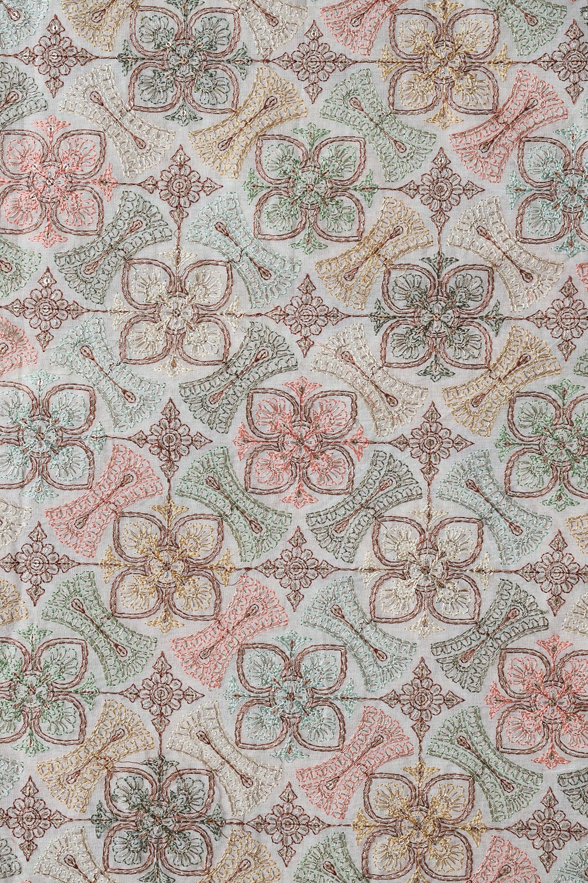 Multi Thread With Zari And Gold Sequins Floral Embroidery On Off White Organic Cotton Fabric - doeraa