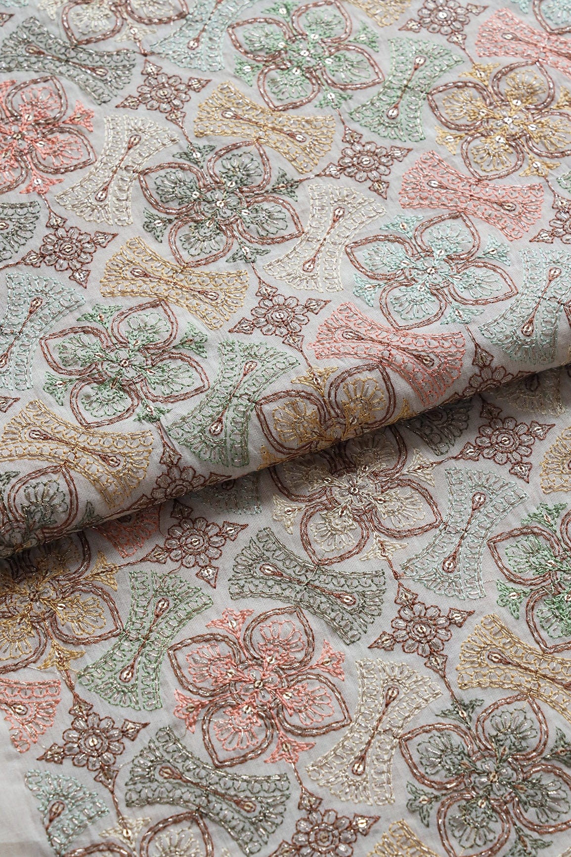 Multi Thread With Zari And Gold Sequins Floral Embroidery On Off White Organic Cotton Fabric - doeraa