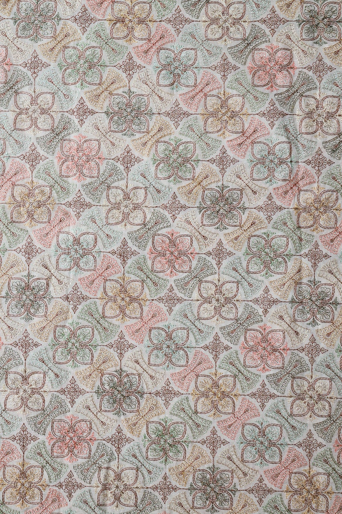 Multi Thread With Zari And Gold Sequins Floral Embroidery On Off White Organic Cotton Fabric - doeraa