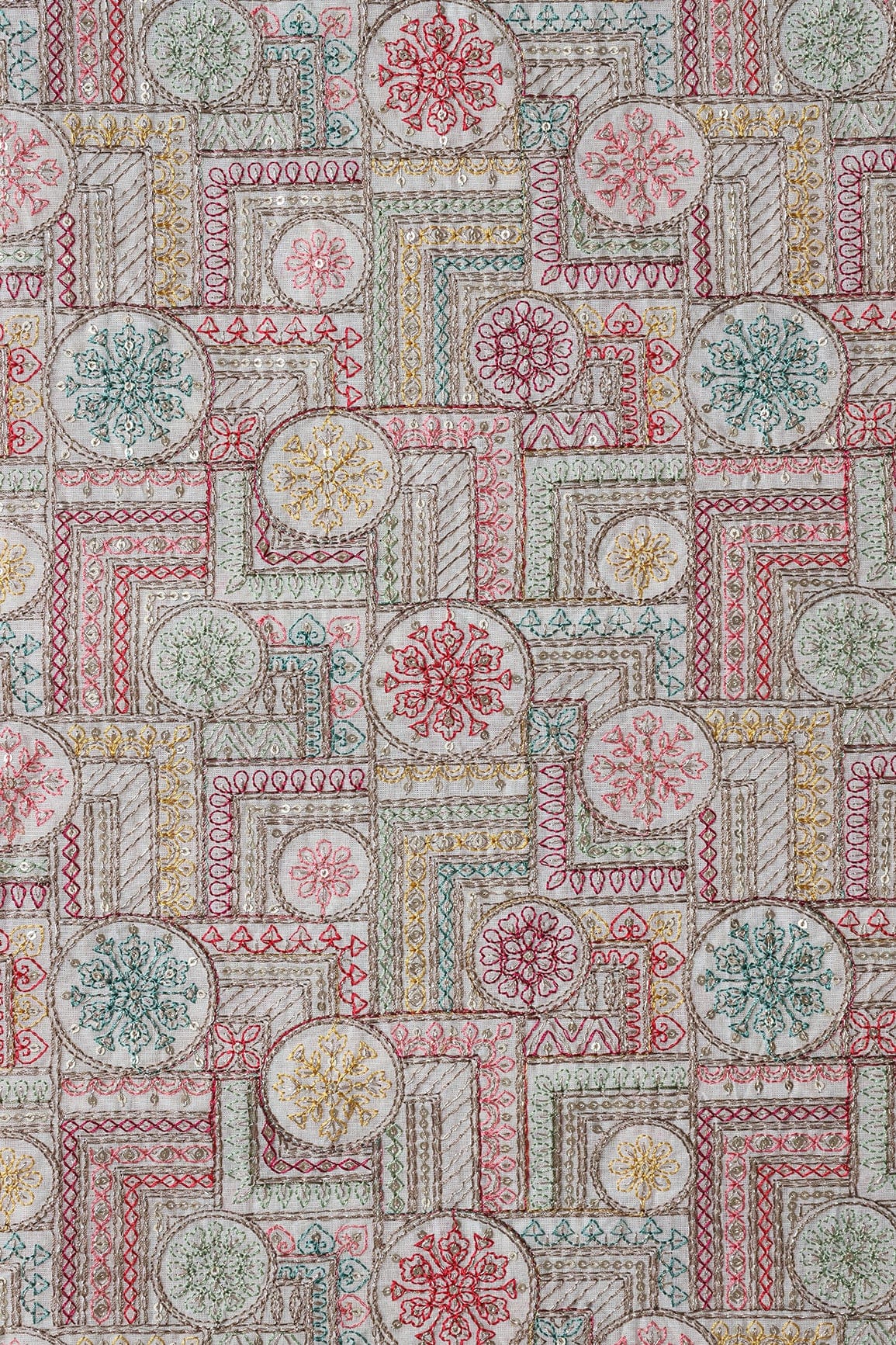 Multi Thread With Zari And Gold Sequins Geometric Embroidery On Off White Organic Cotton Fabric - doeraa