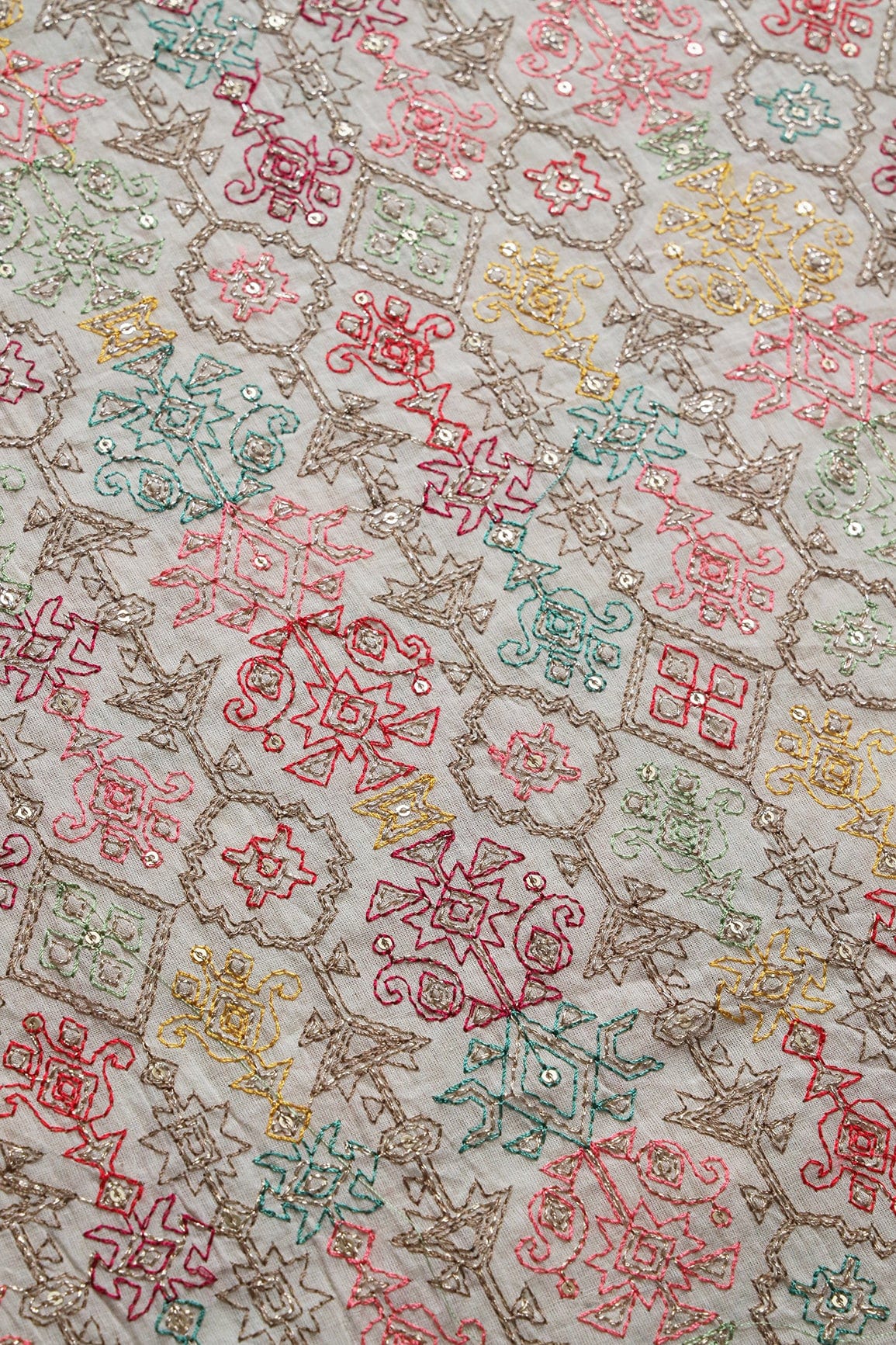 Multi Thread With Zari And Gold Sequins Geometric Embroidery On Off White Organic Cotton Fabric - doeraa