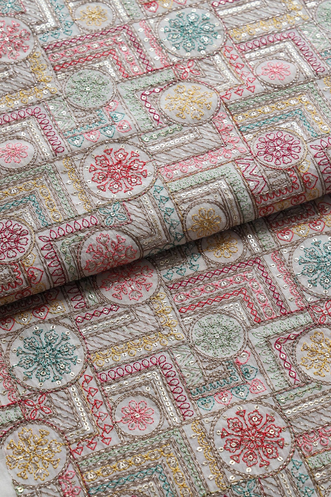 Multi Thread With Zari And Gold Sequins Geometric Embroidery On Off White Organic Cotton Fabric - doeraa