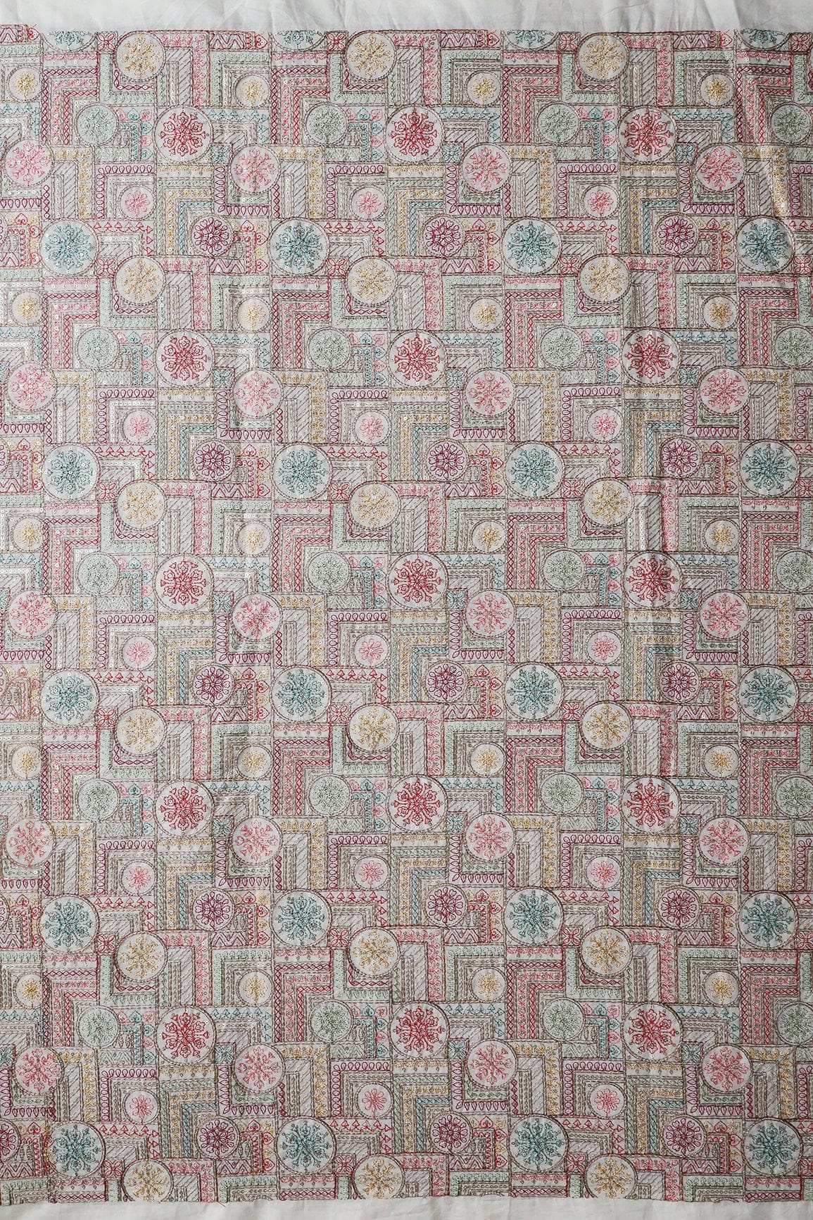 Multi Thread With Zari And Gold Sequins Geometric Embroidery On Off White Organic Cotton Fabric - doeraa