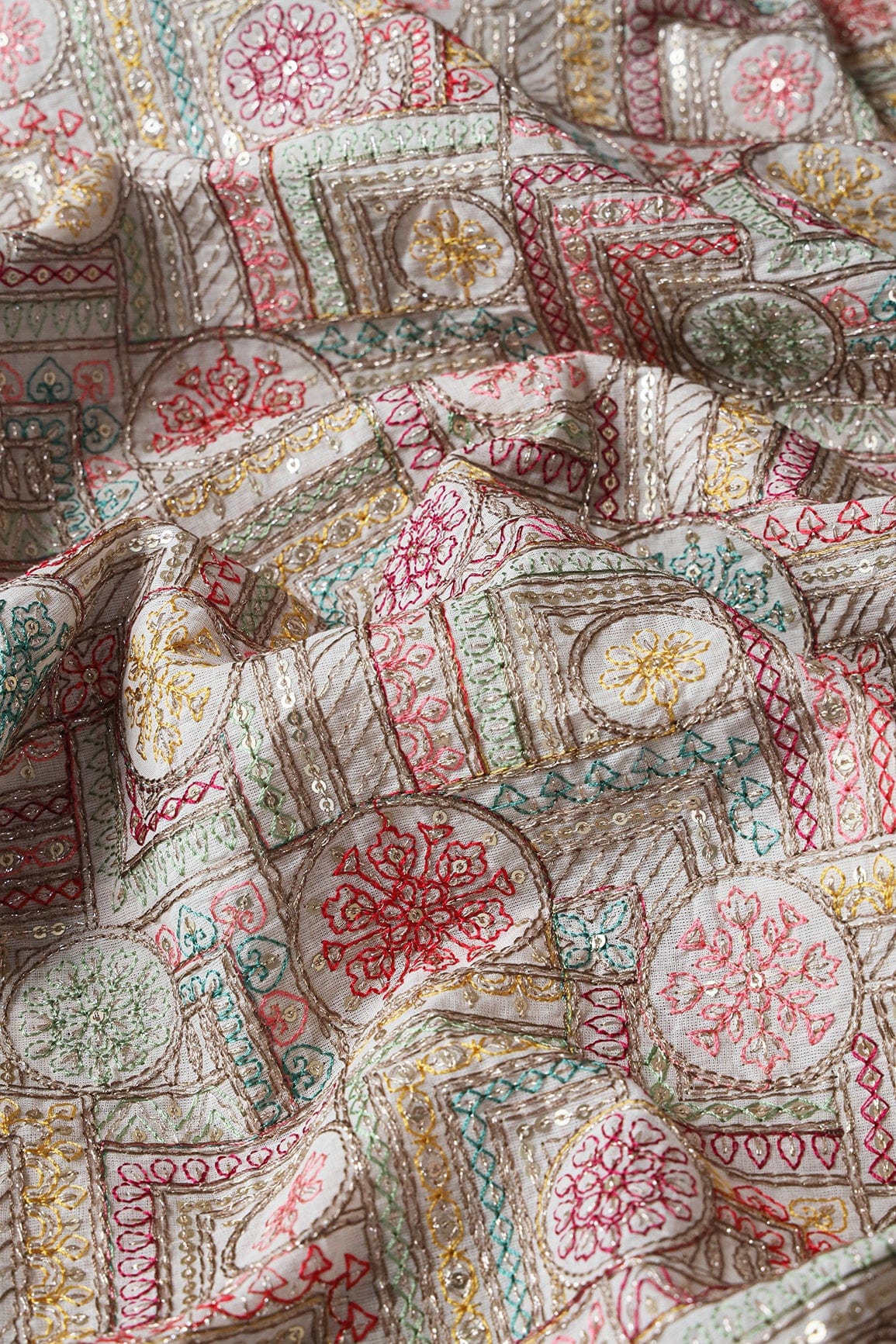 Multi Thread With Zari And Gold Sequins Geometric Embroidery On Off White Organic Cotton Fabric - doeraa