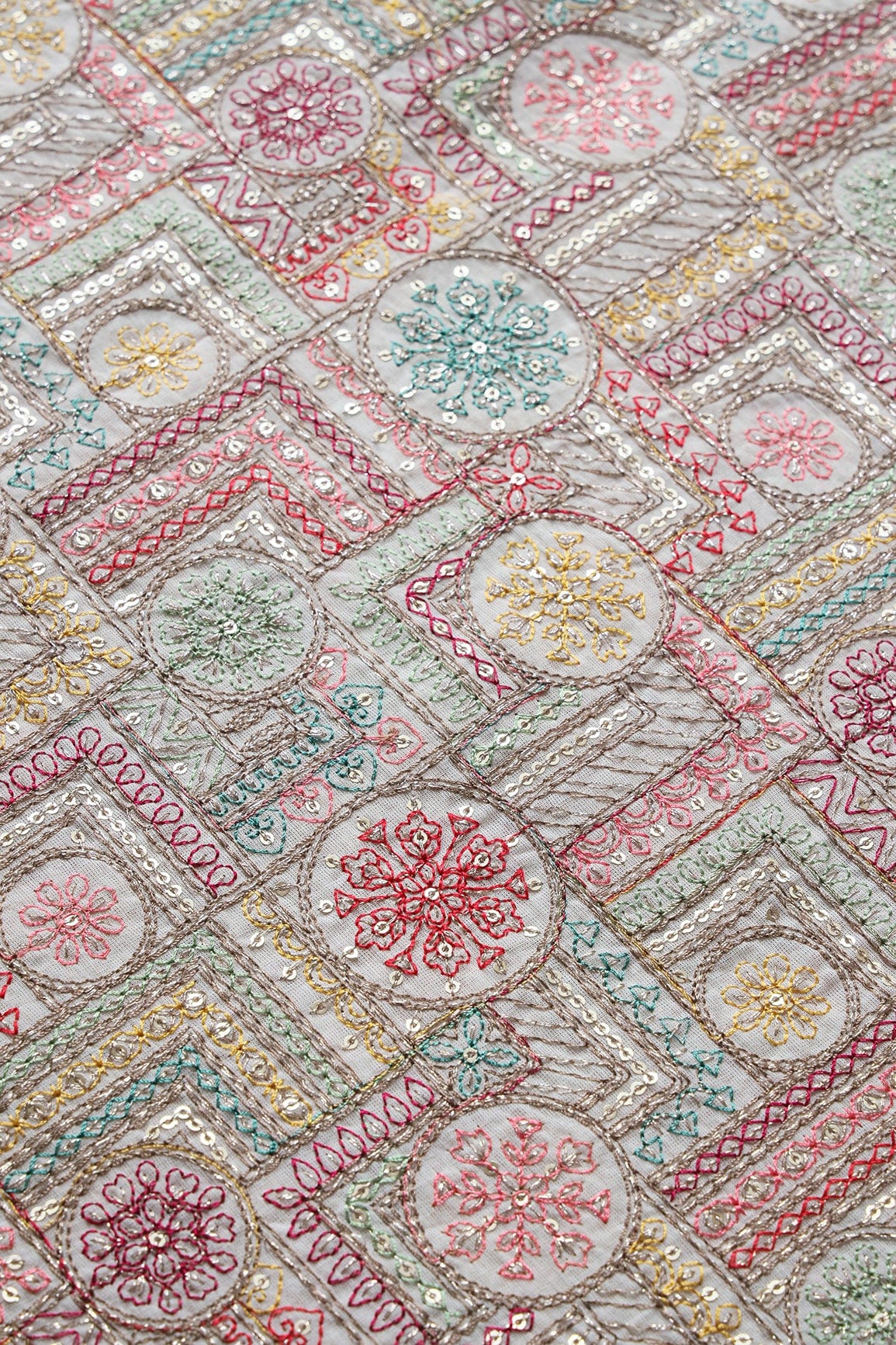 Multi Thread With Zari And Gold Sequins Geometric Embroidery On Off White Organic Cotton Fabric - doeraa