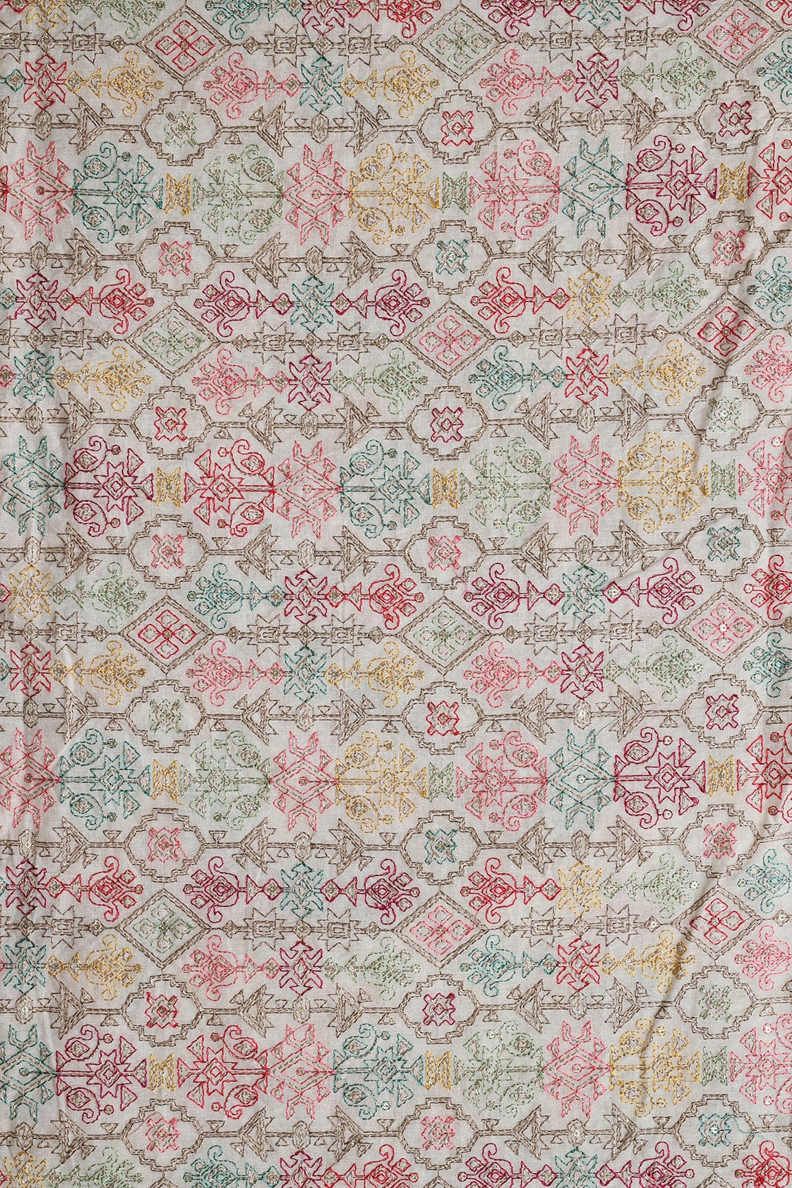 Multi Thread With Zari And Gold Sequins Geometric Embroidery On Off White Organic Cotton Fabric - doeraa