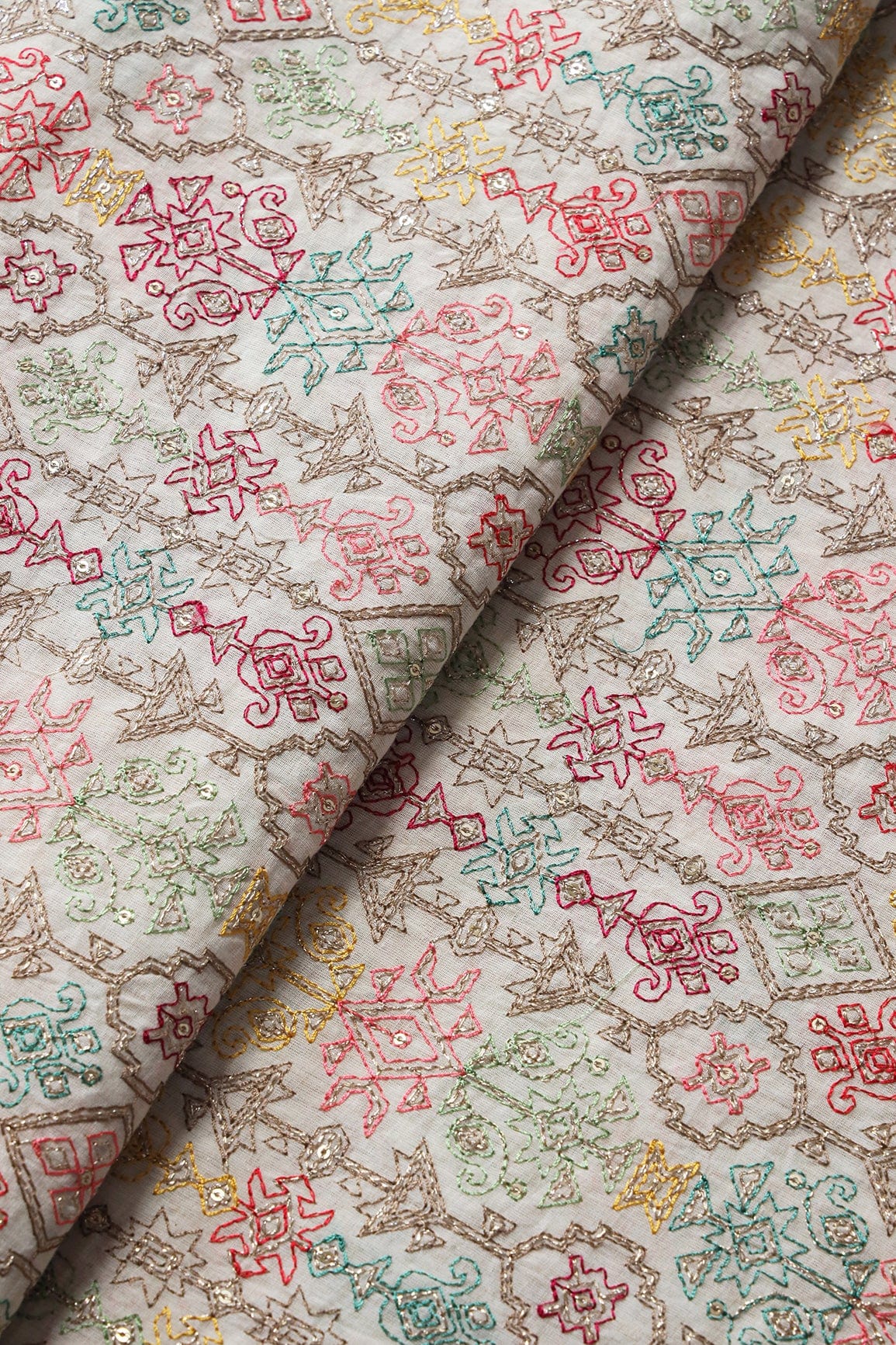 Multi Thread With Zari And Gold Sequins Geometric Embroidery On Off White Organic Cotton Fabric - doeraa
