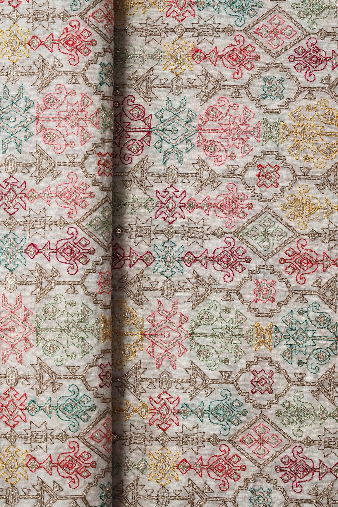 Multi Thread With Zari And Gold Sequins Geometric Embroidery On Off White Organic Cotton Fabric - doeraa