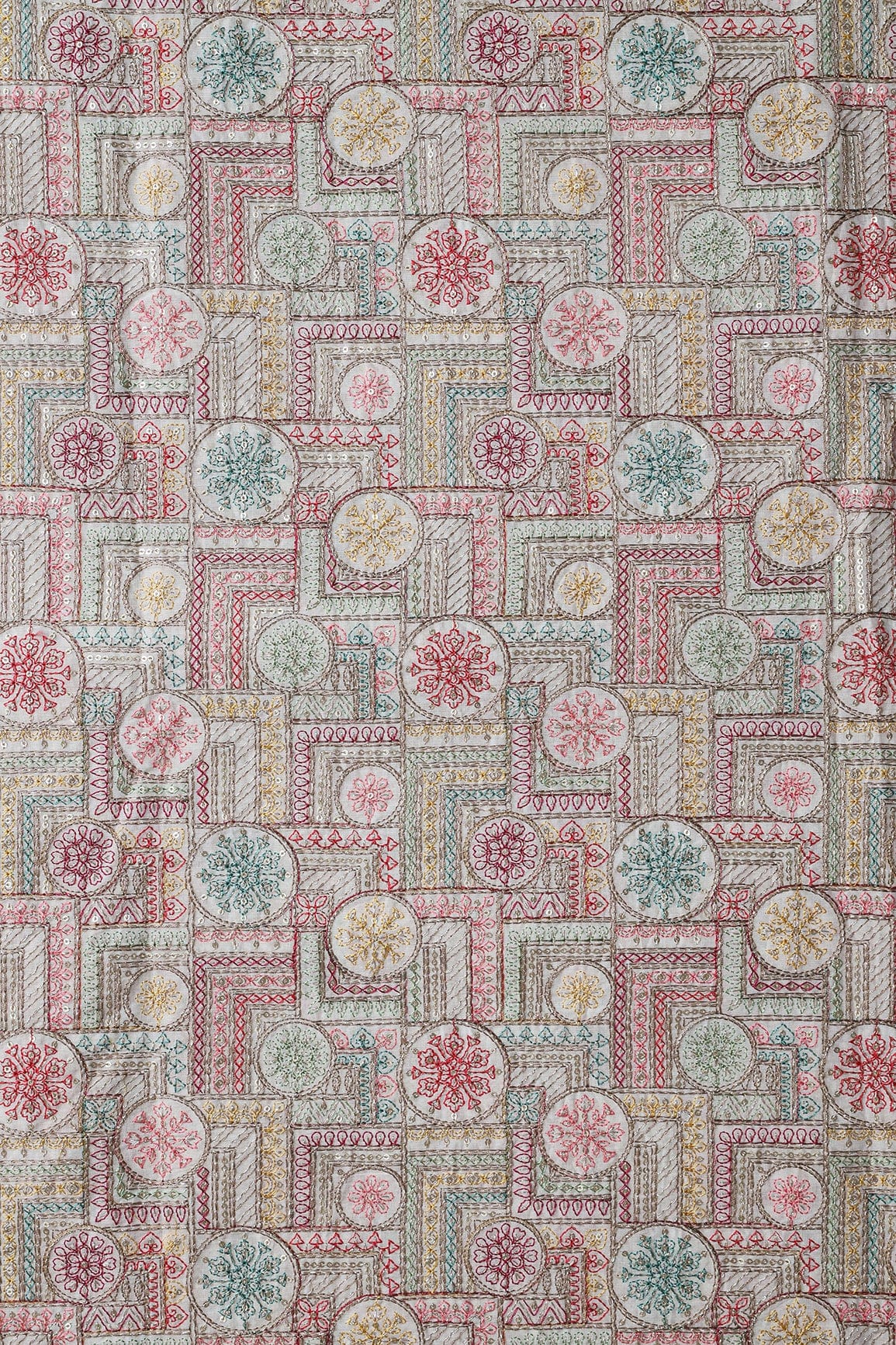Multi Thread With Zari And Gold Sequins Geometric Embroidery On Off White Organic Cotton Fabric - doeraa